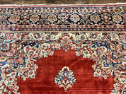 Persian Sarouk Rug 11x14, Semi Open Field, Large Antique Persian Wool Handmade Carpet, Red and Dark Blue, Floral