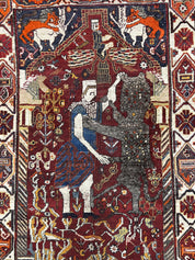 Antique Persian Shiraz Pictorial Rug 3.6 x 5, Persian Tribal Rug, Handmade, Lions, Highly Unique Collectible Small Persian Carpet, Maroon, Wool