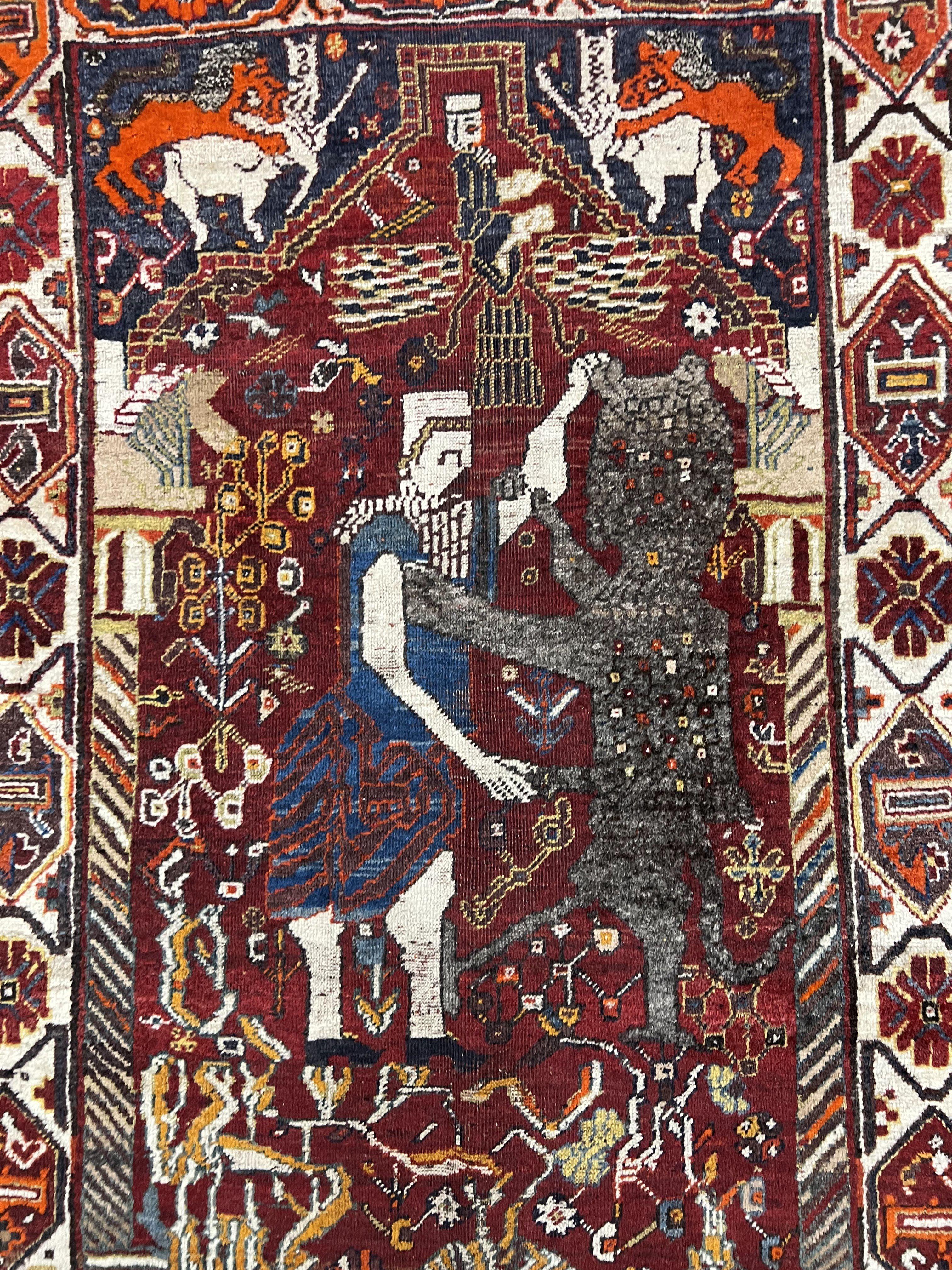 Antique Persian Shiraz Pictorial Rug 3.6 x 5, Persian Tribal Rug, Handmade, Lions, Highly Unique Collectible Small Persian Carpet, Maroon, Wool