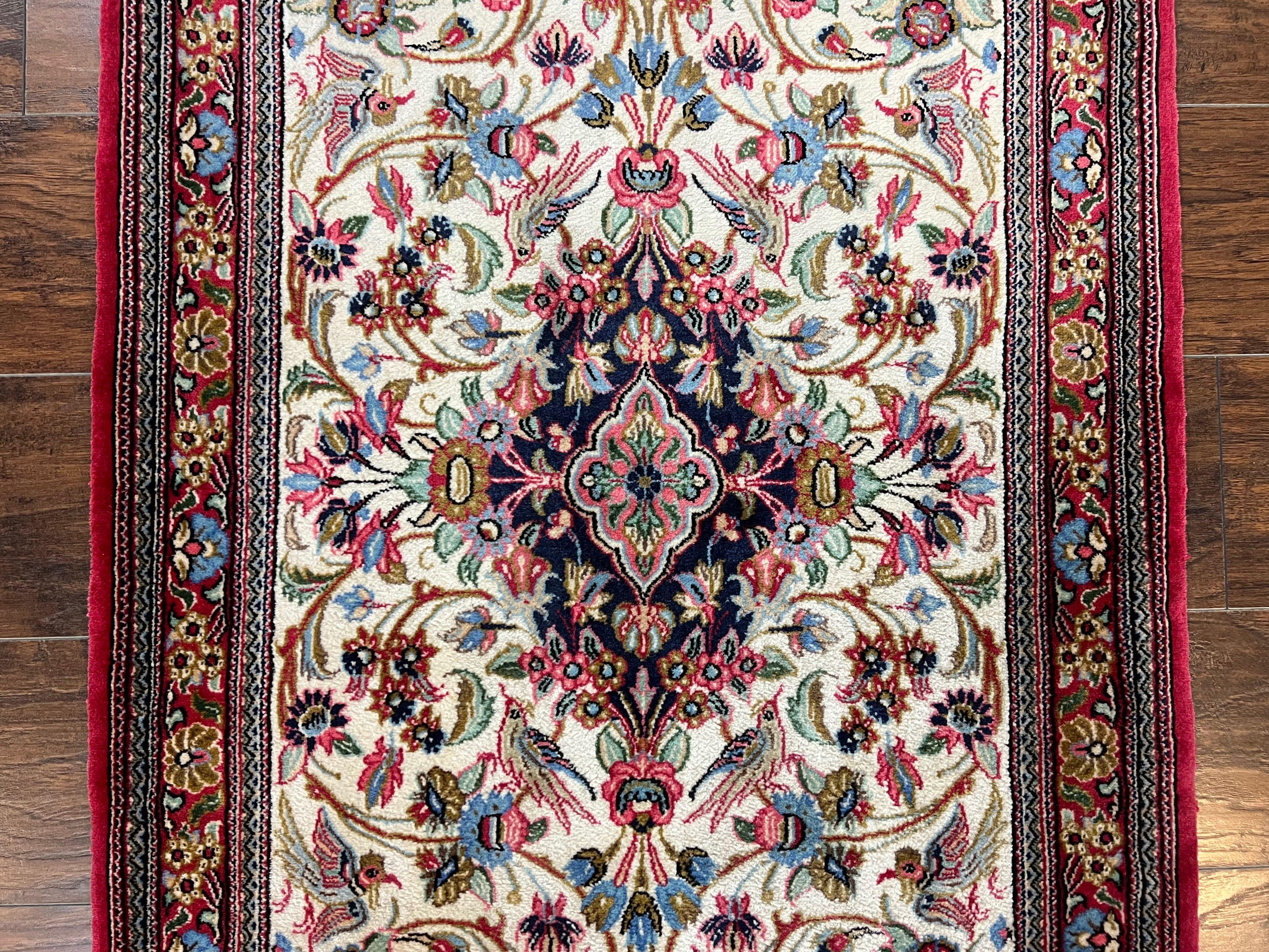 Wonderful Persian Qum Runner Rug 2.8 x 10 ft, Floral Medallions with Bird Motifs, Hand Knotted Wool Fine Oriental 10ft Hallway Runner, Cream Red
