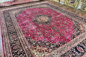 Persian Rug 10x13, Wool Hand Knotted Antique Kashmar Carpet, Raspberry Red & Navy Blue, Floral Medallion, Traditional Oriental Rug 10 x 13