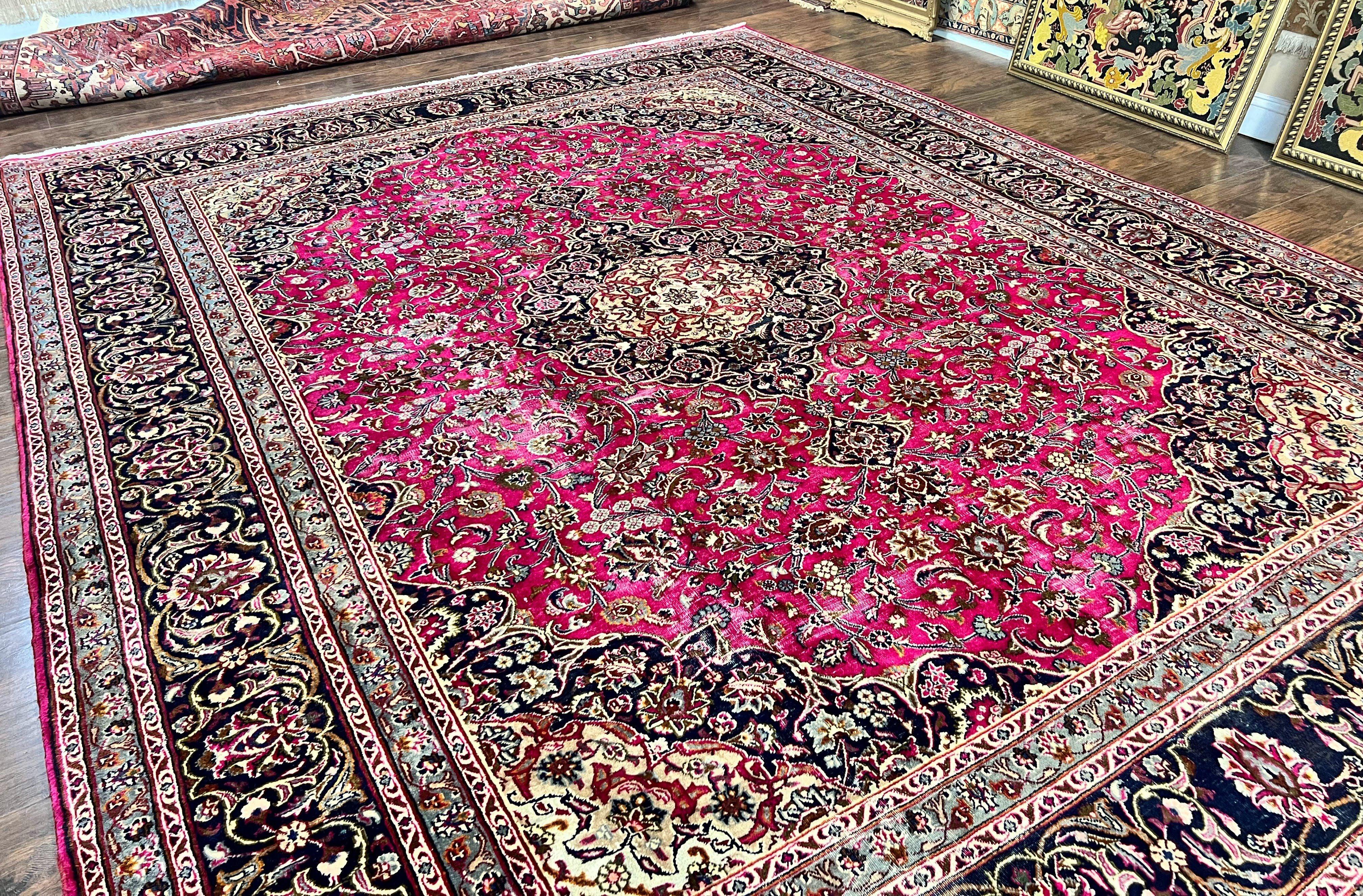 Persian Rug 10x13, Wool Hand Knotted Antique Kashmar Carpet, Raspberry Red & Navy Blue, Floral Medallion, Traditional Oriental Rug 10 x 13