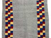 Gray Kilim Carpet, Yellow, Red, Blue Checkerboard Pattern, Flatweave, New, Geometric, Hand-Knotted, Wool, Turkish Area Rug, 5' 9" x 7' 9"