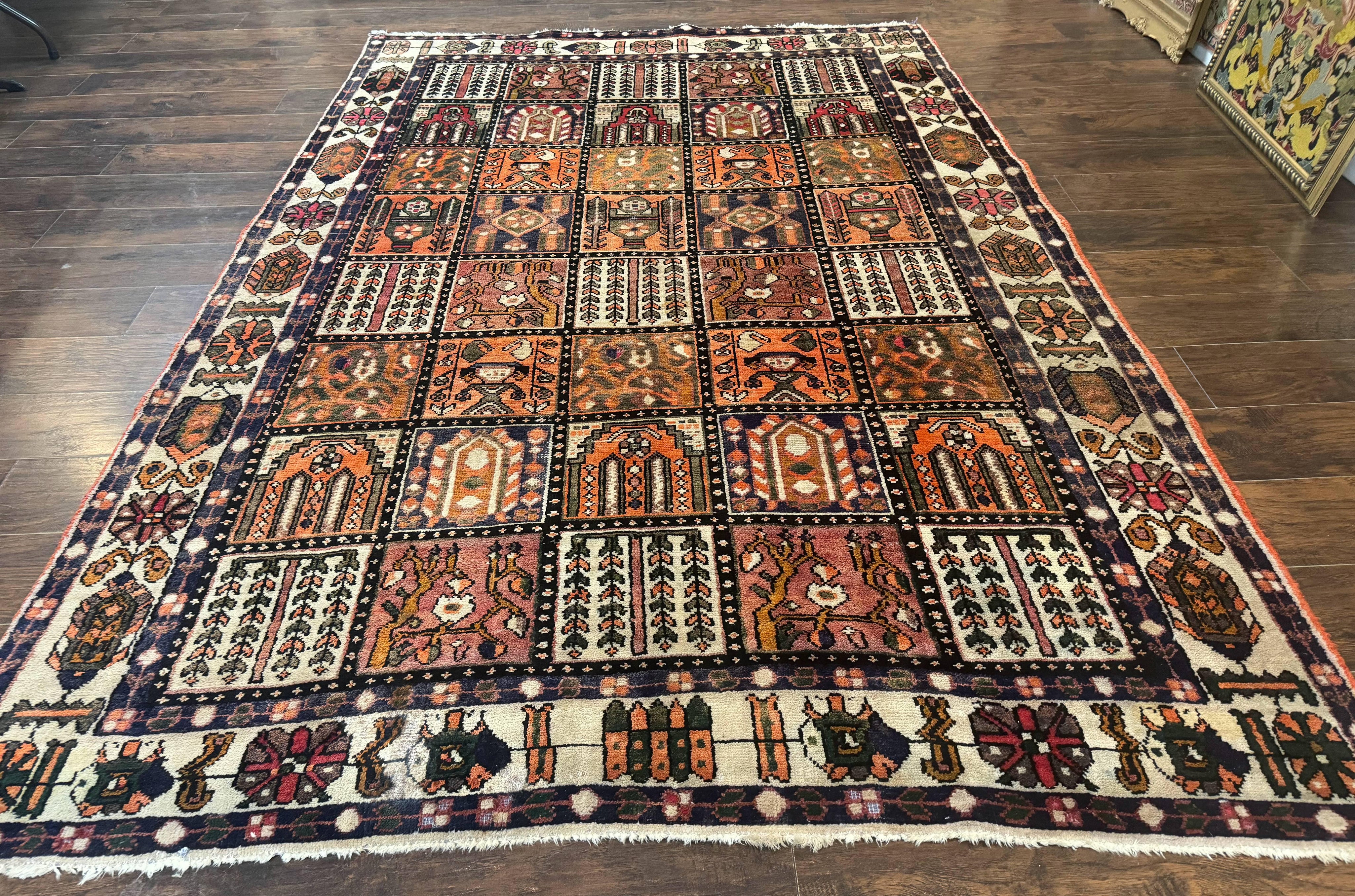 Persian Bakhtiari Tribal Rug 7x10, Panel Design, Semi Antique