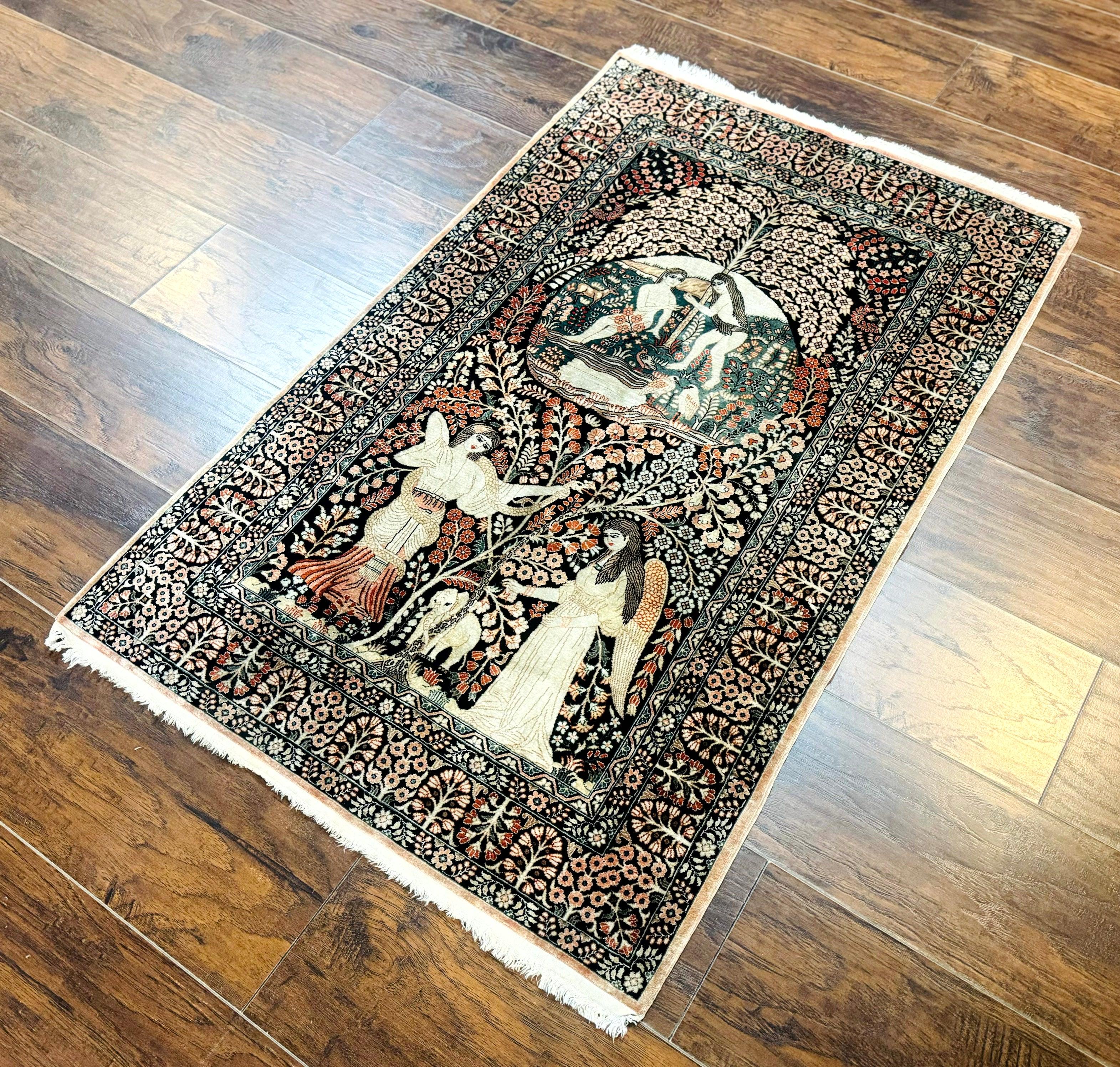 Stunning Sino Persian Pictorial Rug 2.7 x 4, Garden of Eden Adam & Eve Tree of Life Design, Extremely Fine 580 KPSI, Masterpiece