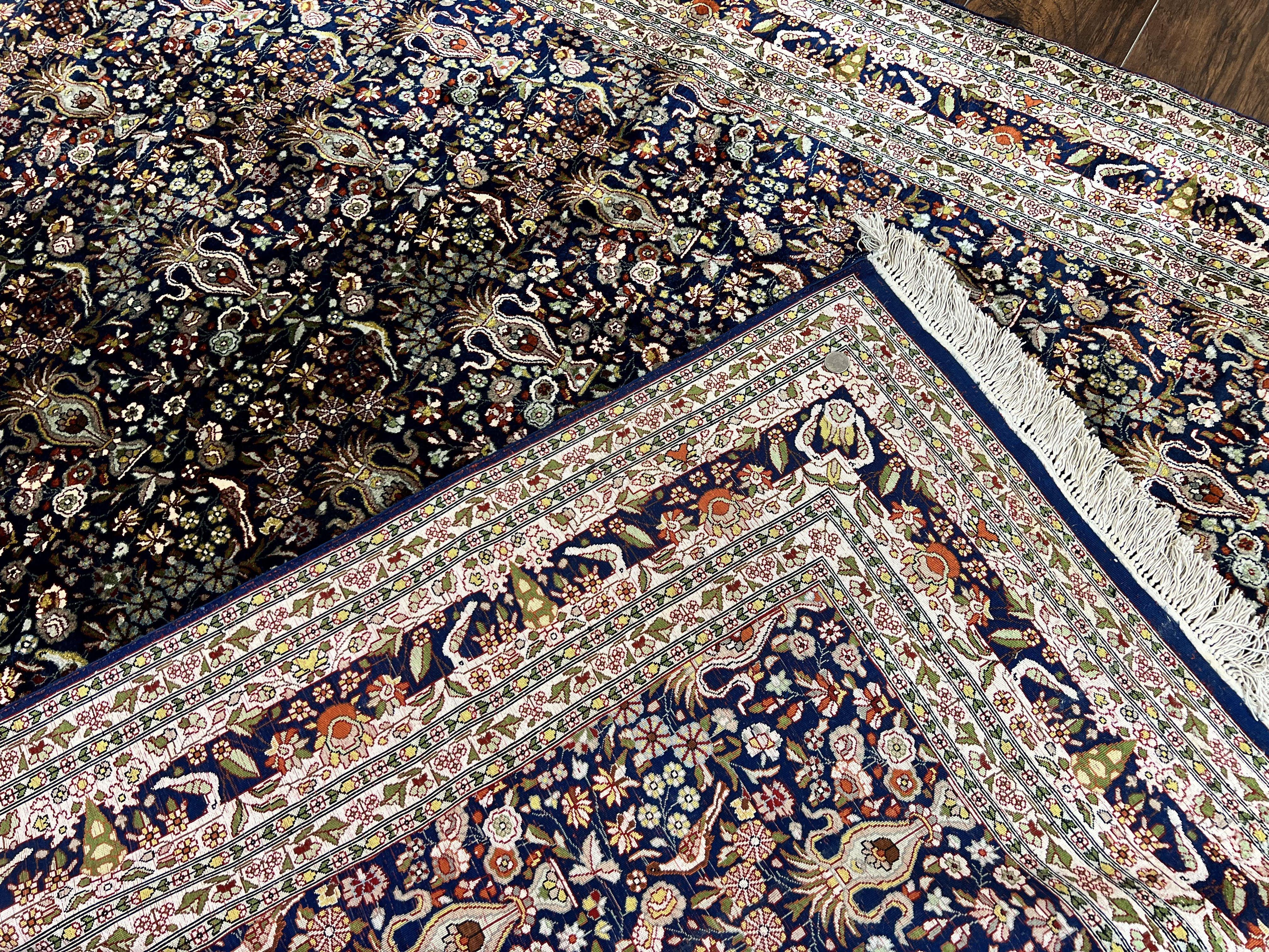 Silk Indian Kashmiri Rug 5x7, Navy Blue Indo Persian Silk Carpet 5 x 7 ft, Hand Knotted Handmade Very Fine Oriental Carpet, 450 KPSI, Birds