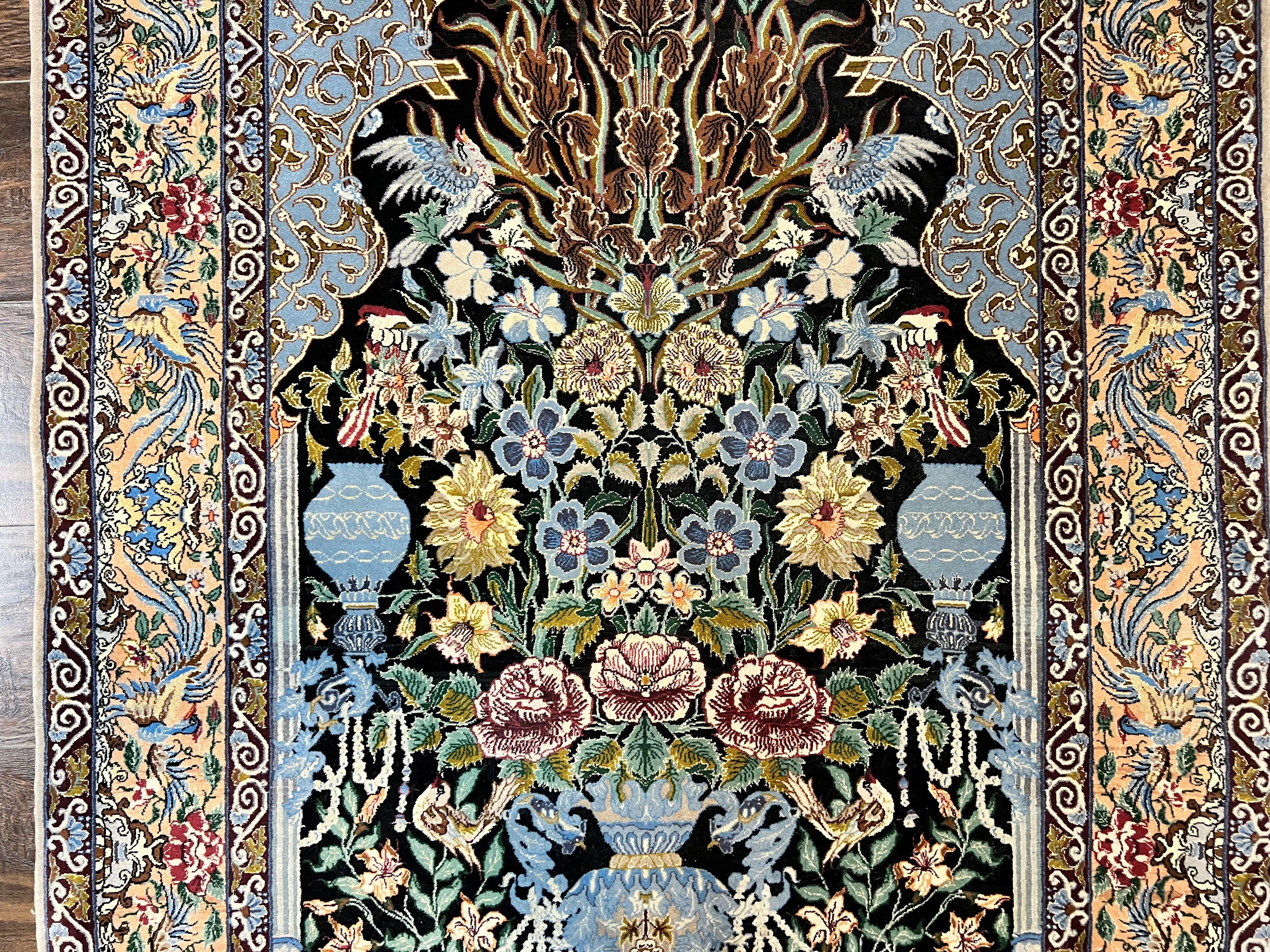Wonderful Persian Isfahan Rug 3.7 x 5, Kork Wool on Silk Foundation, Very Fine 460 KPSI, Tree of Life Persian Vase Design Animal Pictorials Peacocks
