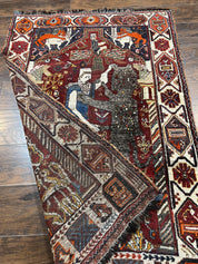 Antique Persian Shiraz Pictorial Rug 3.6 x 5, Persian Tribal Rug, Handmade, Lions, Highly Unique Collectible Small Persian Carpet, Maroon, Wool