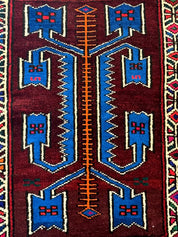 Persian Tribal Rug 1.8 x 2, Small Balouchi Rug, Unique Design, Burgundy and Blue