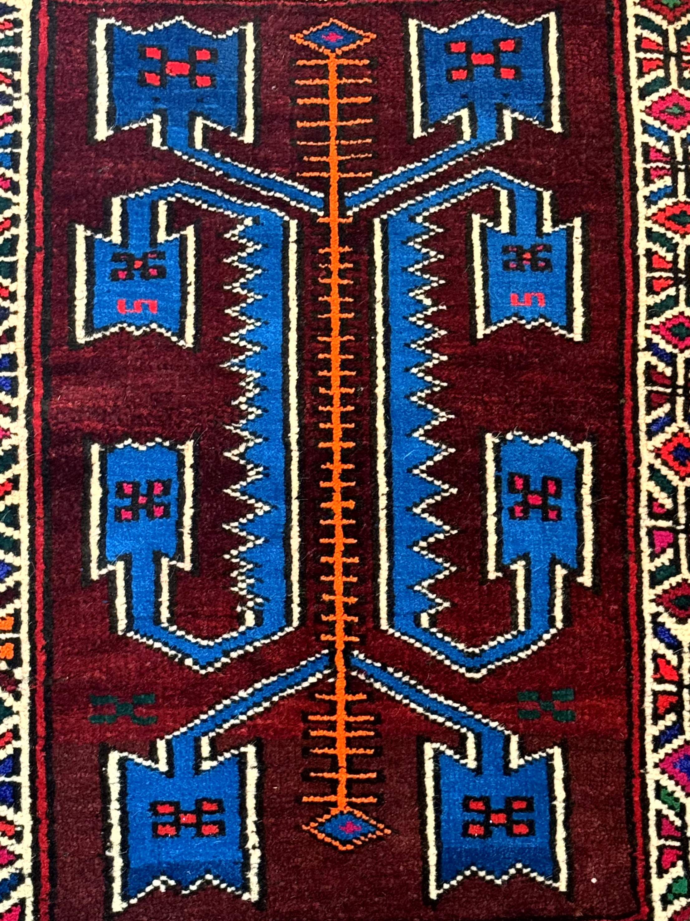 Persian Tribal Rug 1.8 x 2, Small Balouchi Rug, Unique Design, Burgundy and Blue
