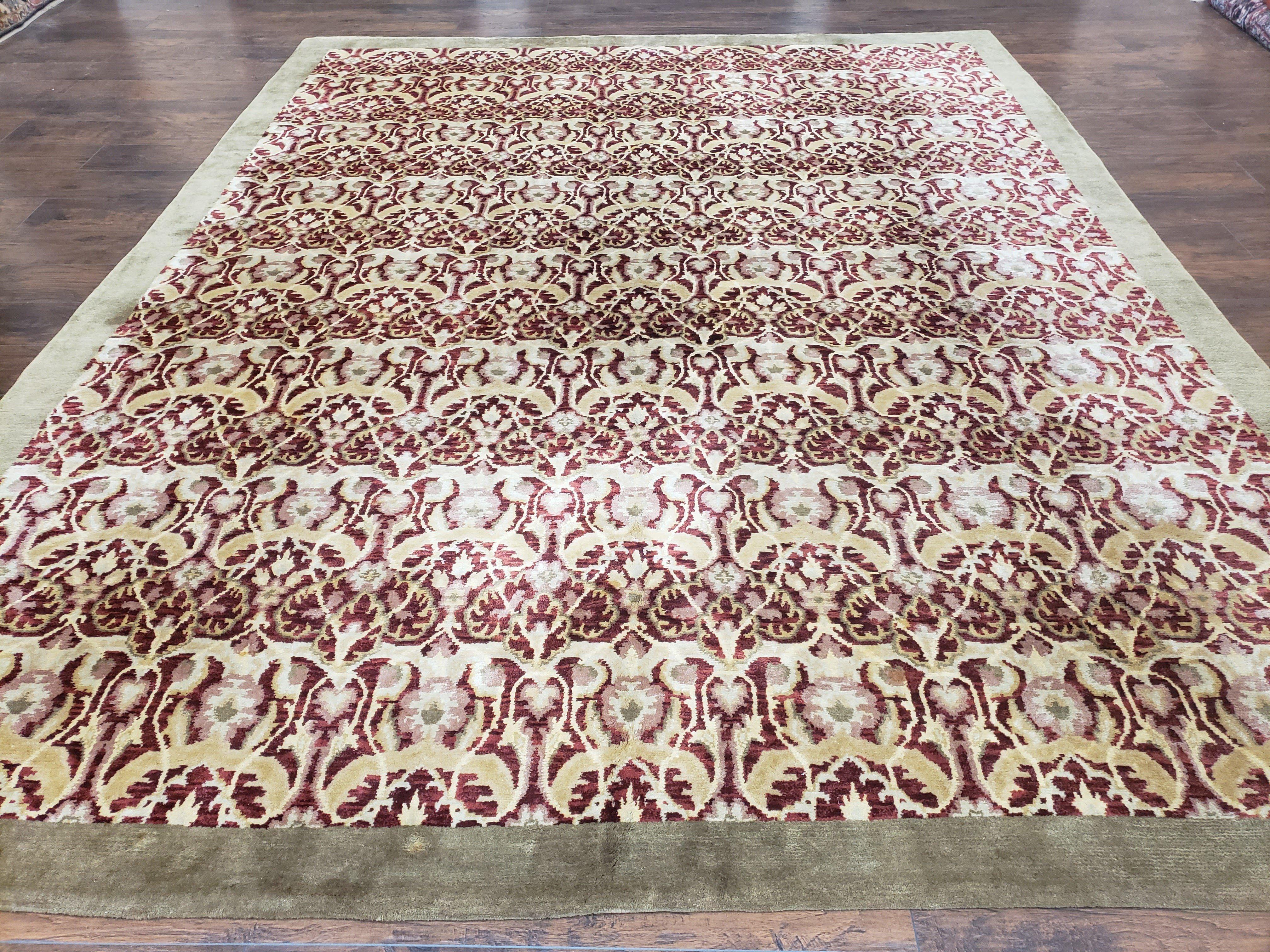 Contemporary Indian Nepalese Room Sized Rug 9 x 11.6, Wool Hand-Knotted Dark Red & Beige Soft Carpet, 9 x 12 Masterloom Living Room Rug