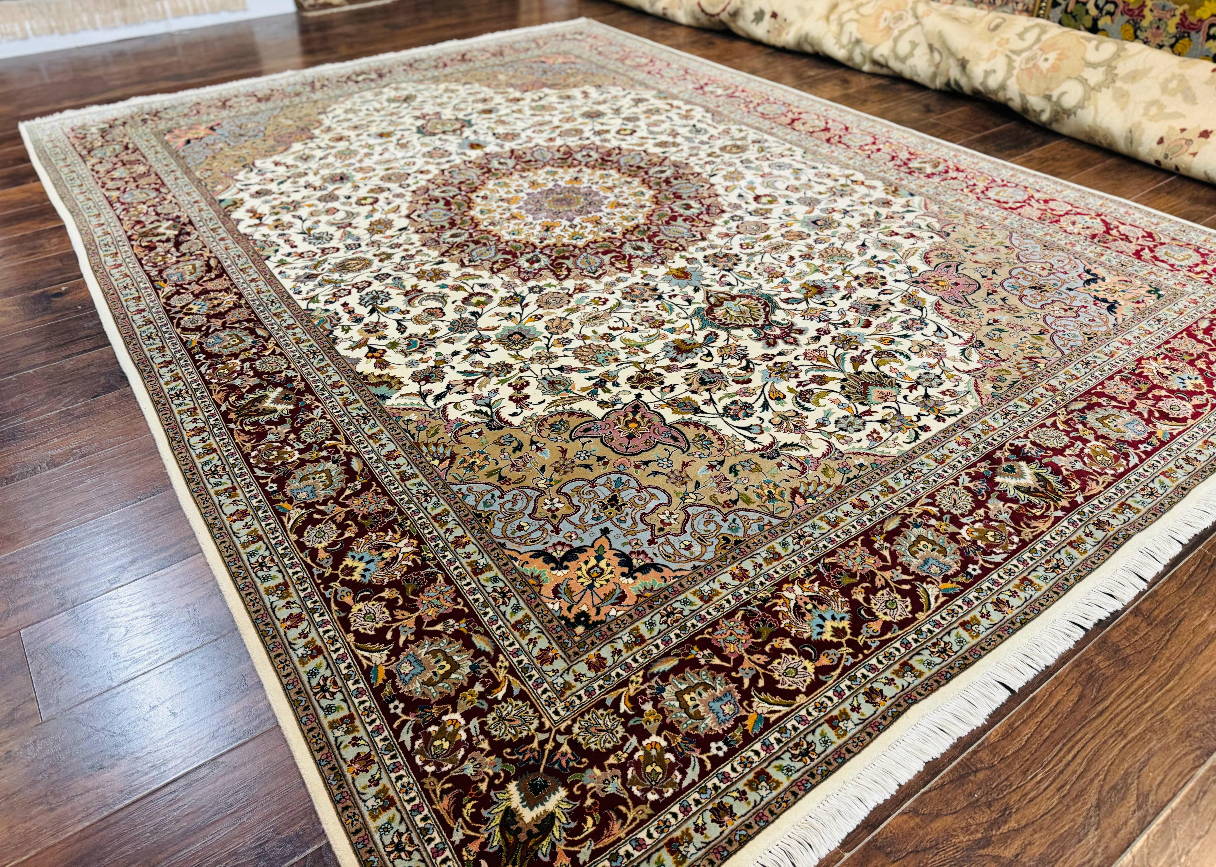 Persian Tabriz Rug 8x11, Floral Medallion Traditional Area Rug, Fine 300 KPSI, Ivory Maroon