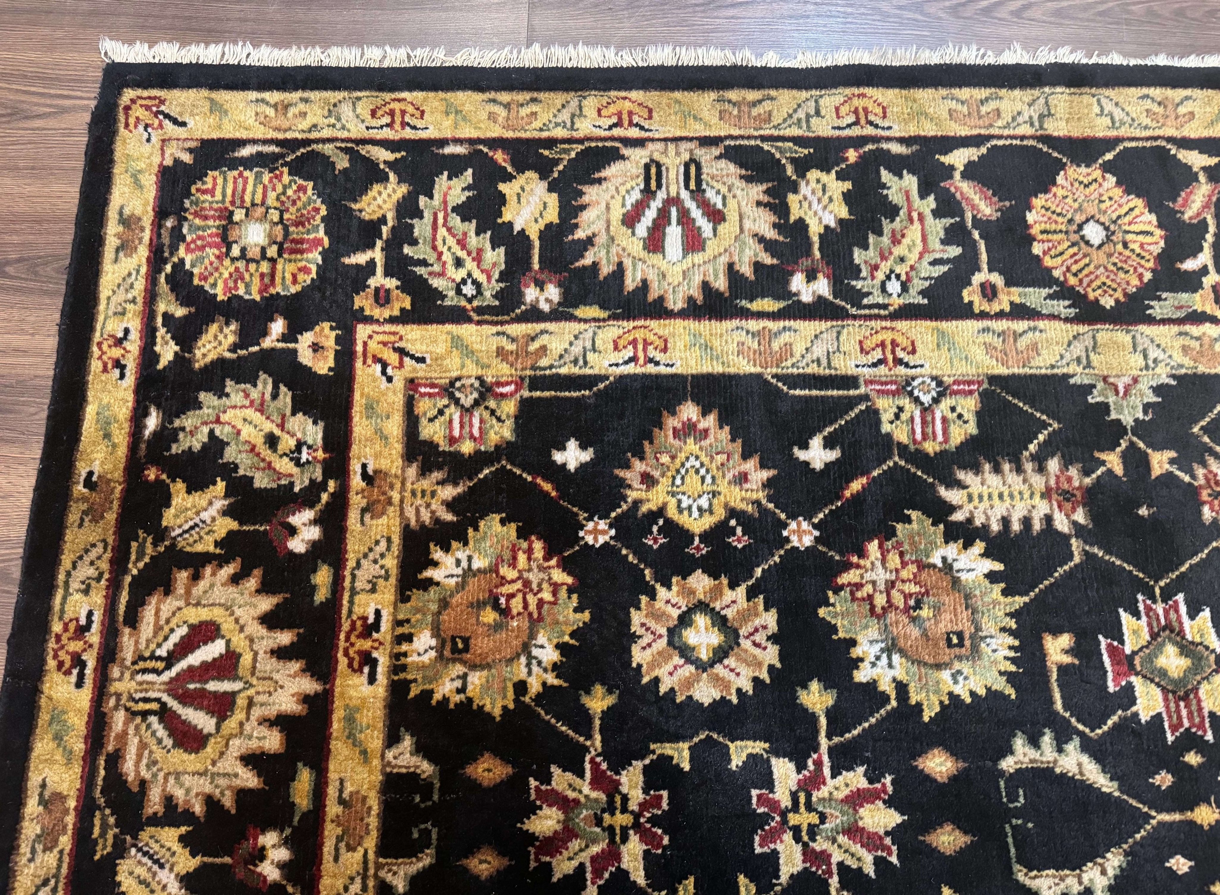 Indo Persian Mahal Rug 8x10, Black and Gold, Wool Hand Knotted Oriental Carpet