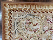 Aubusson Rug 9x12, Elegant Savonnerie Carpet 9 x 12 ft, Beige Ivory Tan, Floral, Flatweave Wool Handmade Area Rug 9 x 12 ft, European French
