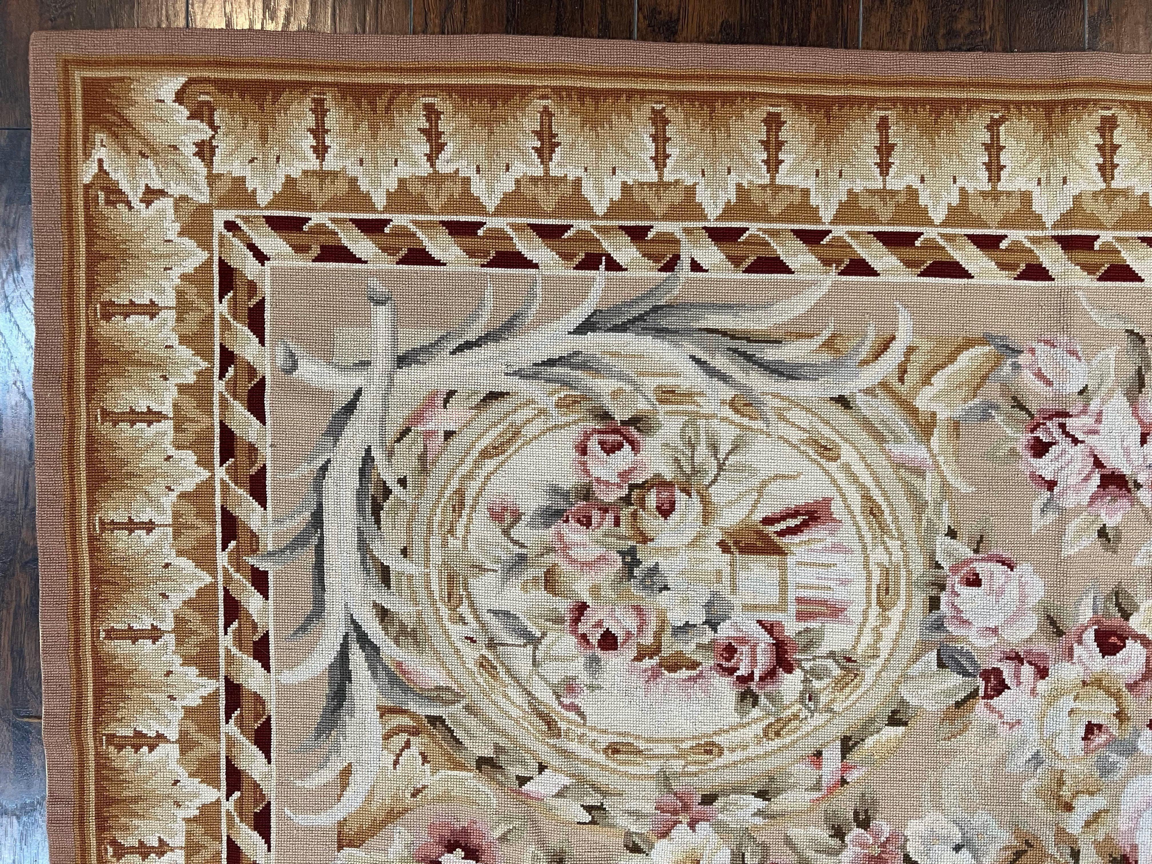 Aubusson Rug 9x12, Elegant Savonnerie Carpet 9 x 12 ft, Beige Ivory Tan, Floral, Flatweave Wool Handmade Area Rug 9 x 12 ft, European French