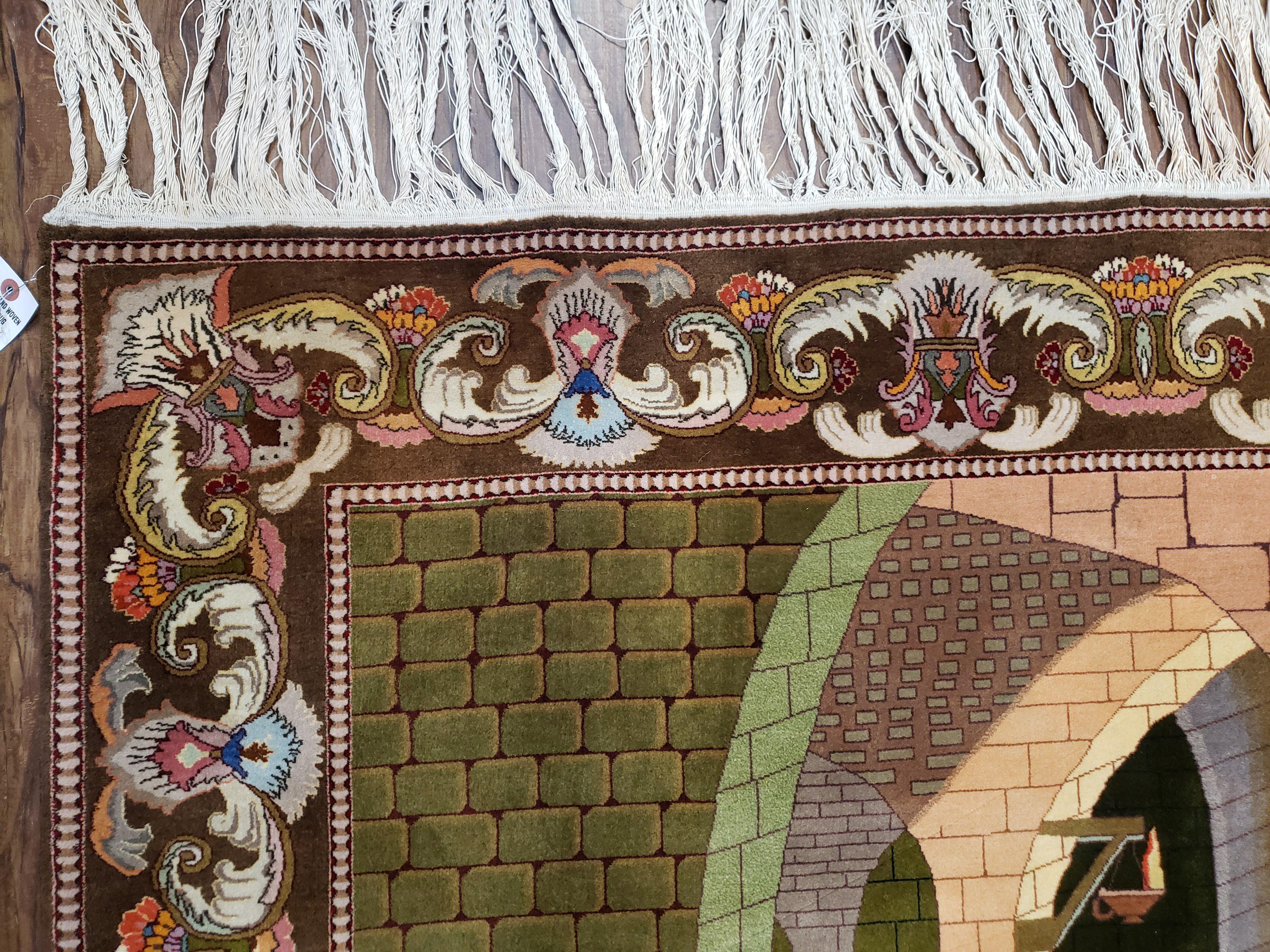 Semi Antique Persian Isfahan Pictoral Rug 4.10x6.1, Wool Handmade High Quality Decorative Carpet