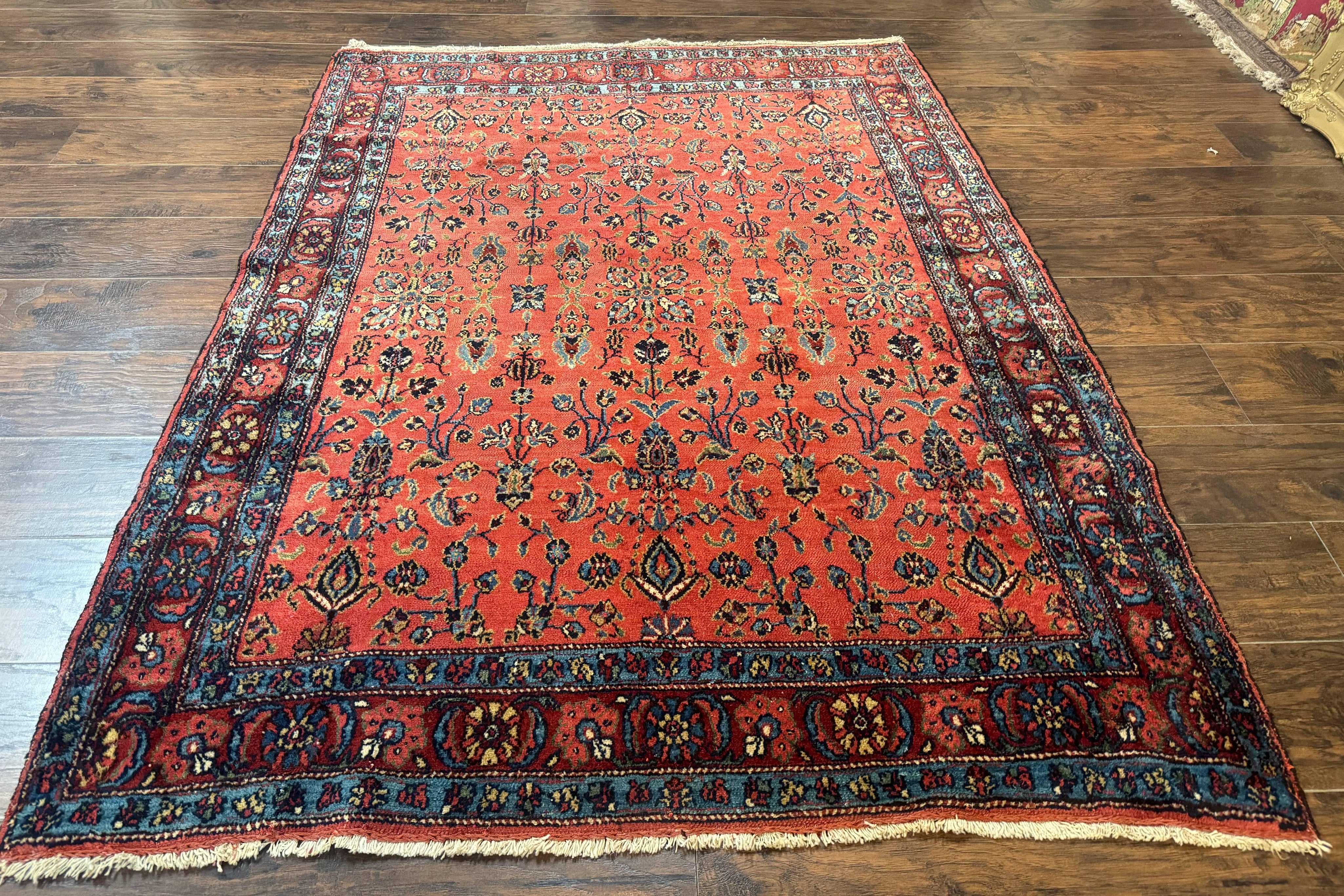 Antique Persian Tribal Rug 5 x 6.6, Tomato Red, Hamadan Angelas Rug