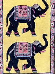 Unique Indian Pictorial Rug 2x3, Small Wool Hand Knotted Oriental Carpet, Yellow, Two Elephants, Handmade