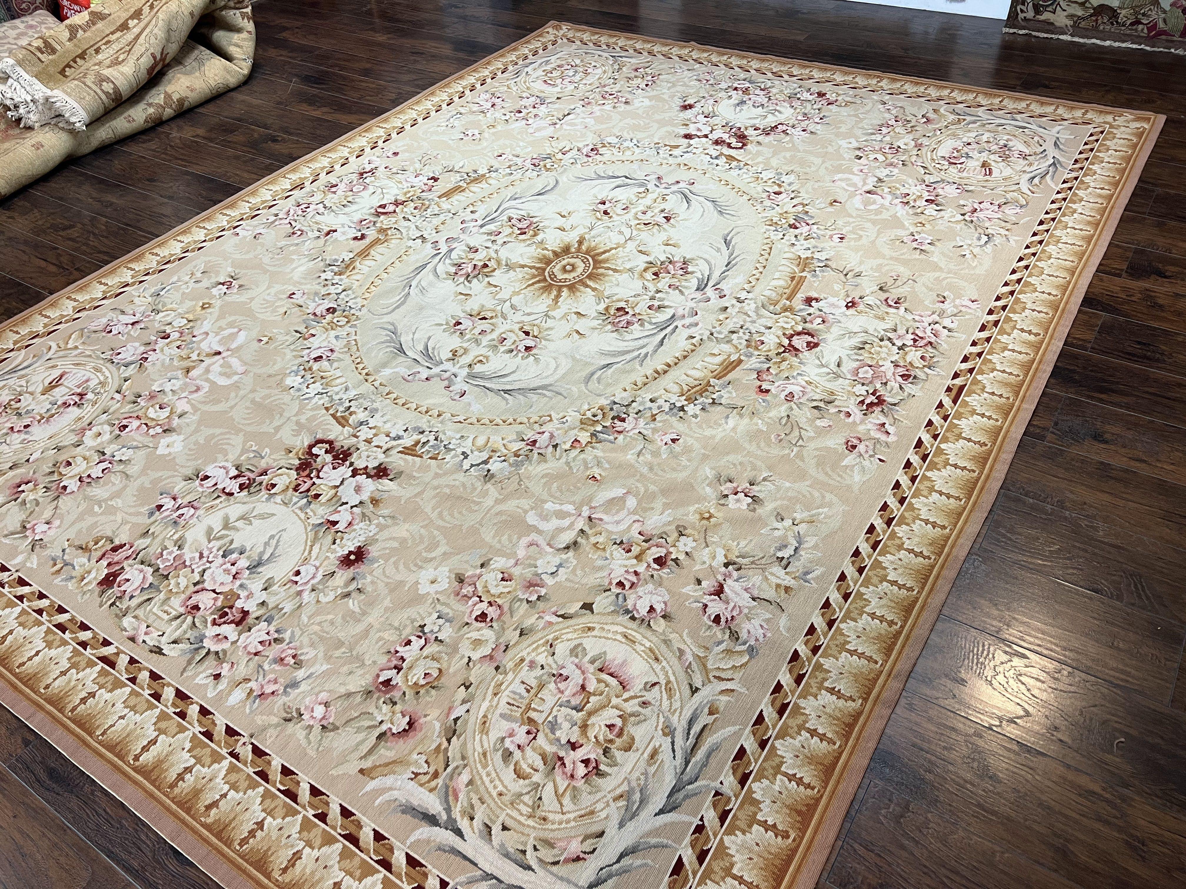 Aubusson Rug 9x12, Elegant Savonnerie Carpet 9 x 12 ft, Beige Ivory Tan, Floral, Flatweave Wool Handmade Area Rug 9 x 12 ft, European French