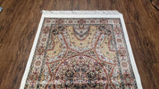 Persian Design Silk Accent Rug, Dome Medallion, Allover Pattern Oriental Carpet, Small Silk Rug, Cream, Ivory, Bamboo Silk, 2' 8" x 4' 1"
