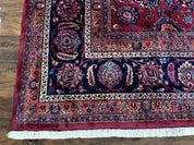 Palace Size Persian Mashad Rug 12x16, Raspberry and Navy Blue, Signature from Master Weaver, Antique Handmade Large Wool Carpet