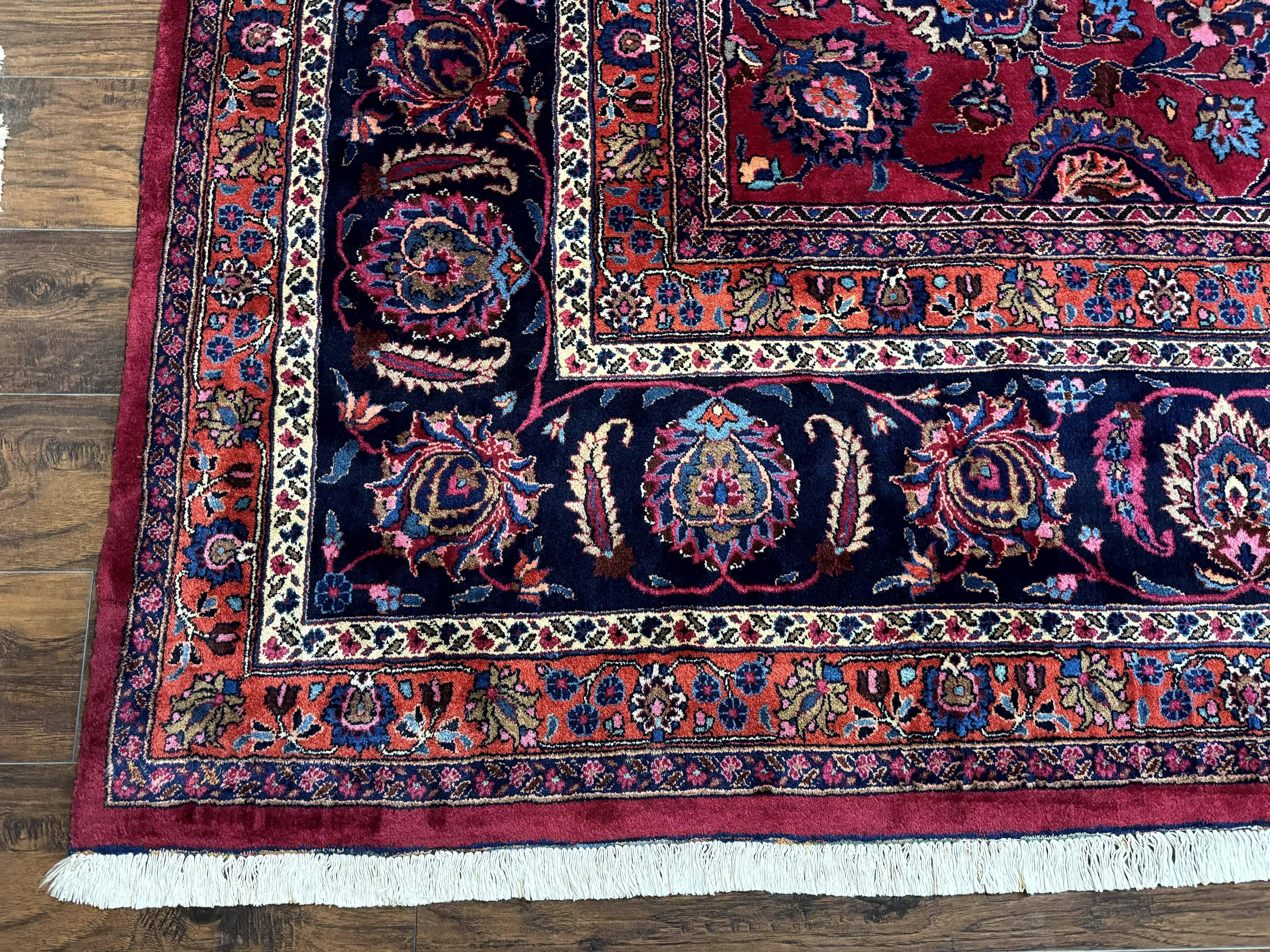 Palace Size Persian Mashad Rug 12x16, Raspberry and Navy Blue, Signature from Master Weaver, Antique Handmade Large Wool Carpet
