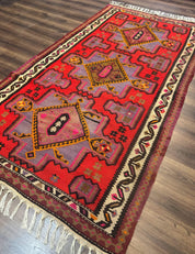 Persian Kurdish Zarand Kilim Rug 5x9, Red, Geometric Medallions, Wide Runner