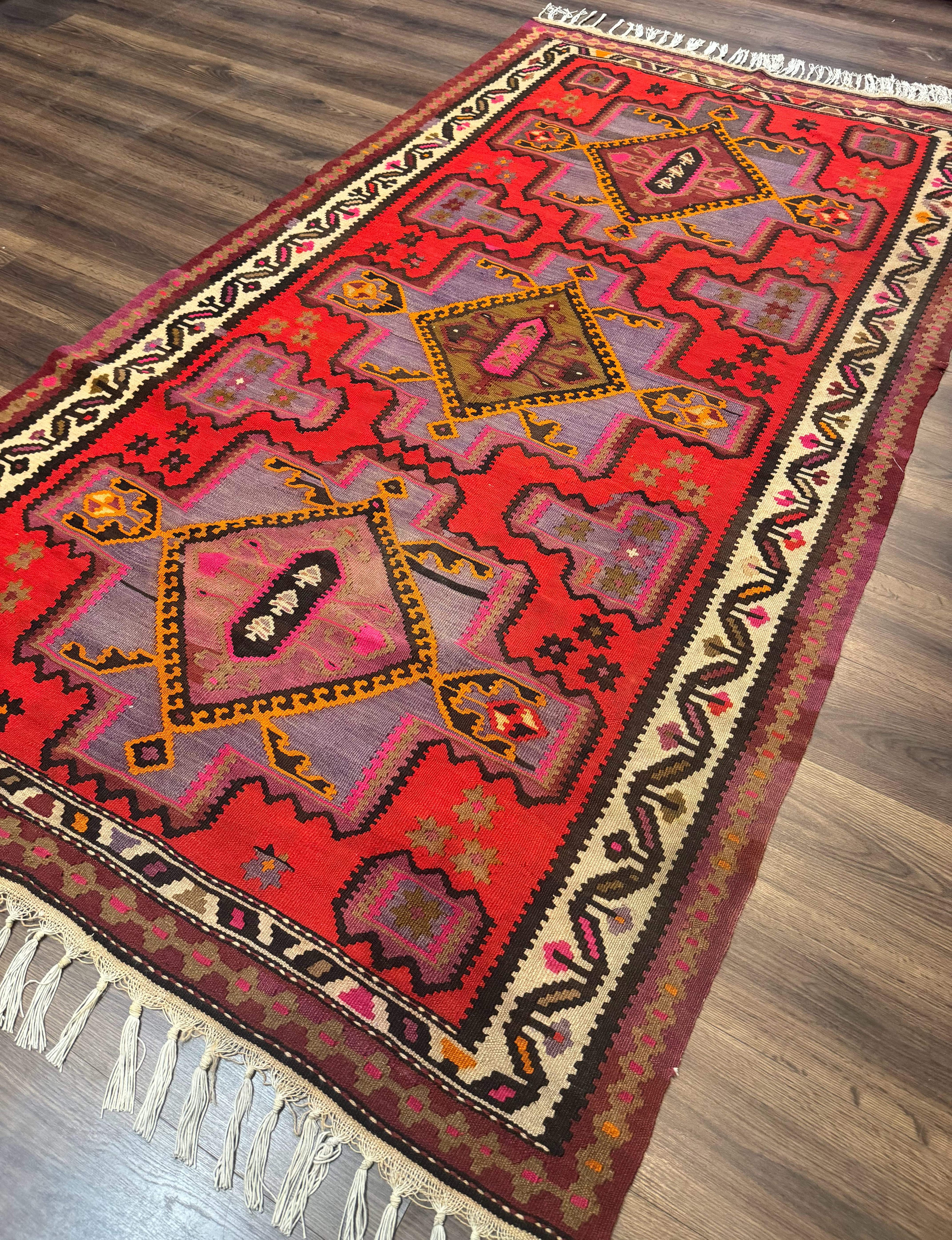 Persian Kurdish Zarand Kilim Rug 5x9, Red, Geometric Medallions, Wide Runner
