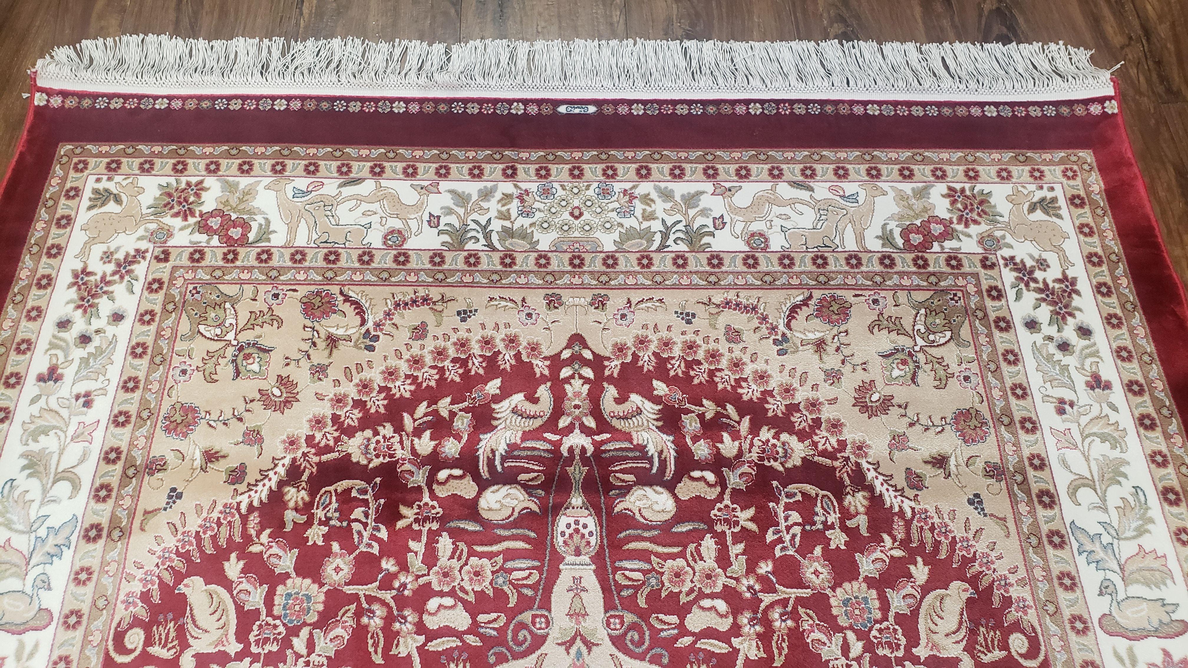 Silk Carpet 4x6 Dark Red & Cream, Tree of Life Rug, Animal Motifs, Birds Deer Rabbits, All Bamboo Silk, 4 x 6 Silk Area Rug
