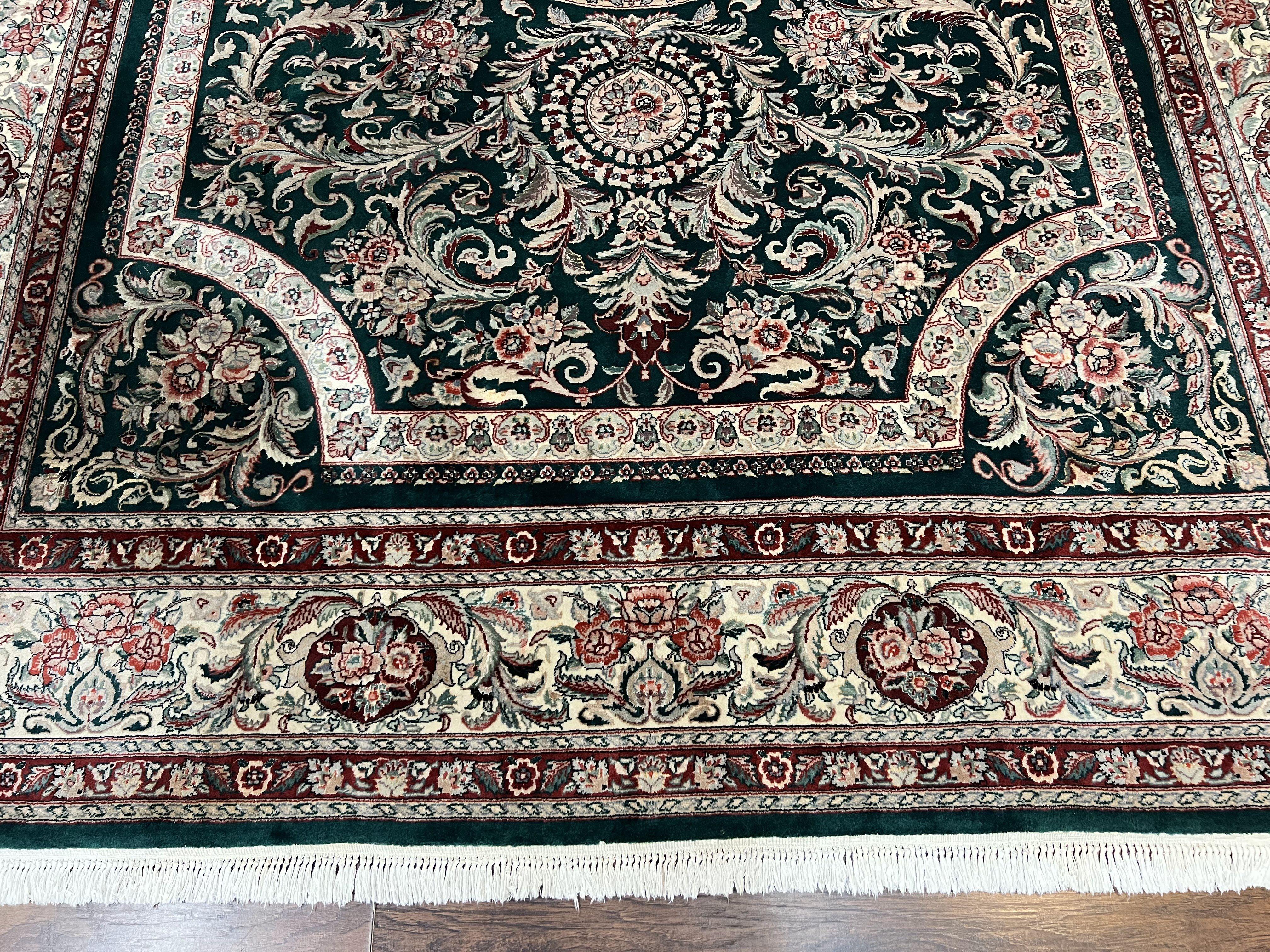 Pak Persian Rug 9x12, Dark Green and Cream, Floral Medallion, Elegant Handmade Wool Carpet 9 x 12