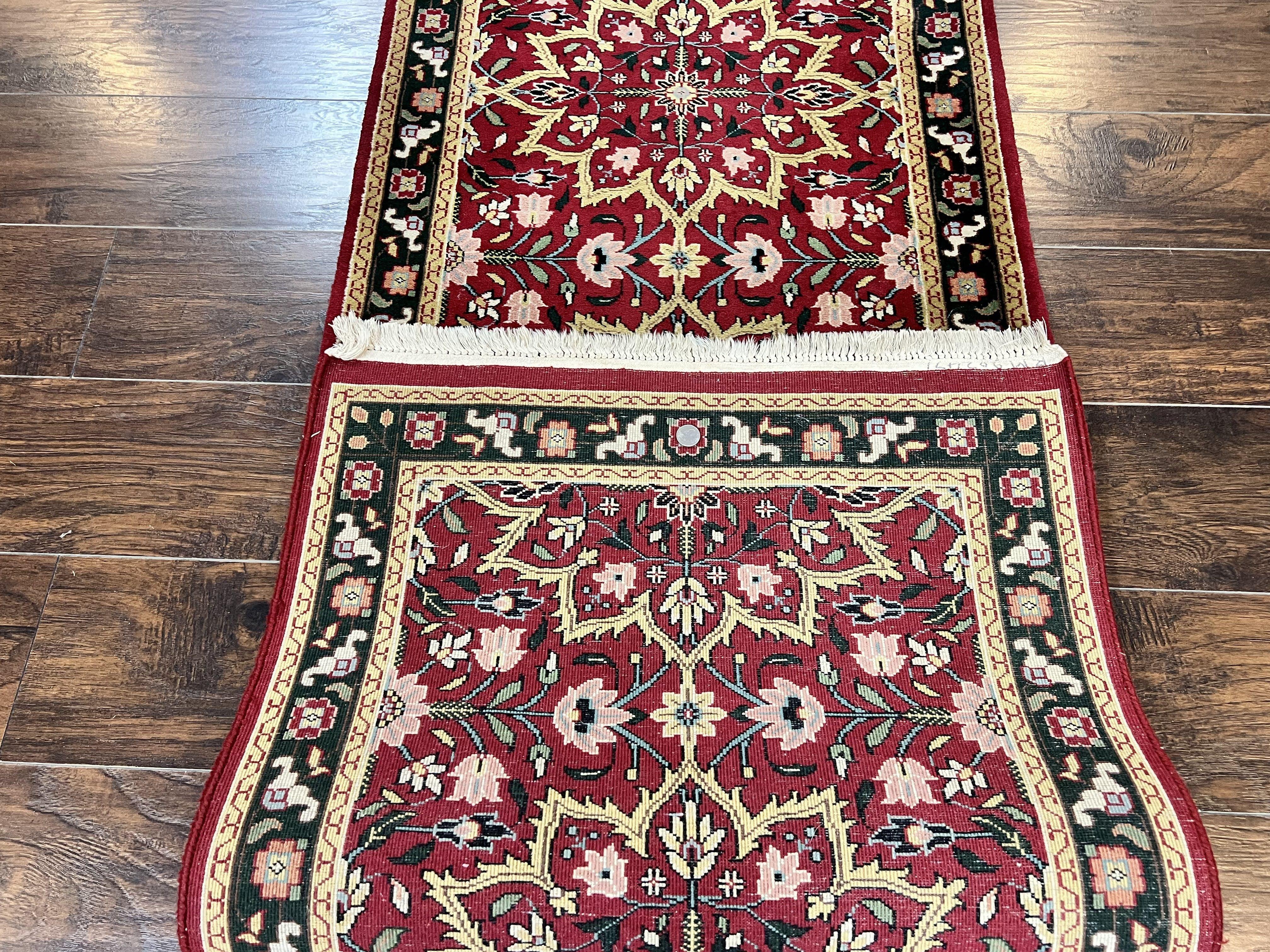 Indo Persian Runner Rug 2.6 x 10, Floral Hand Knotted Wool Hallway Rug, Red