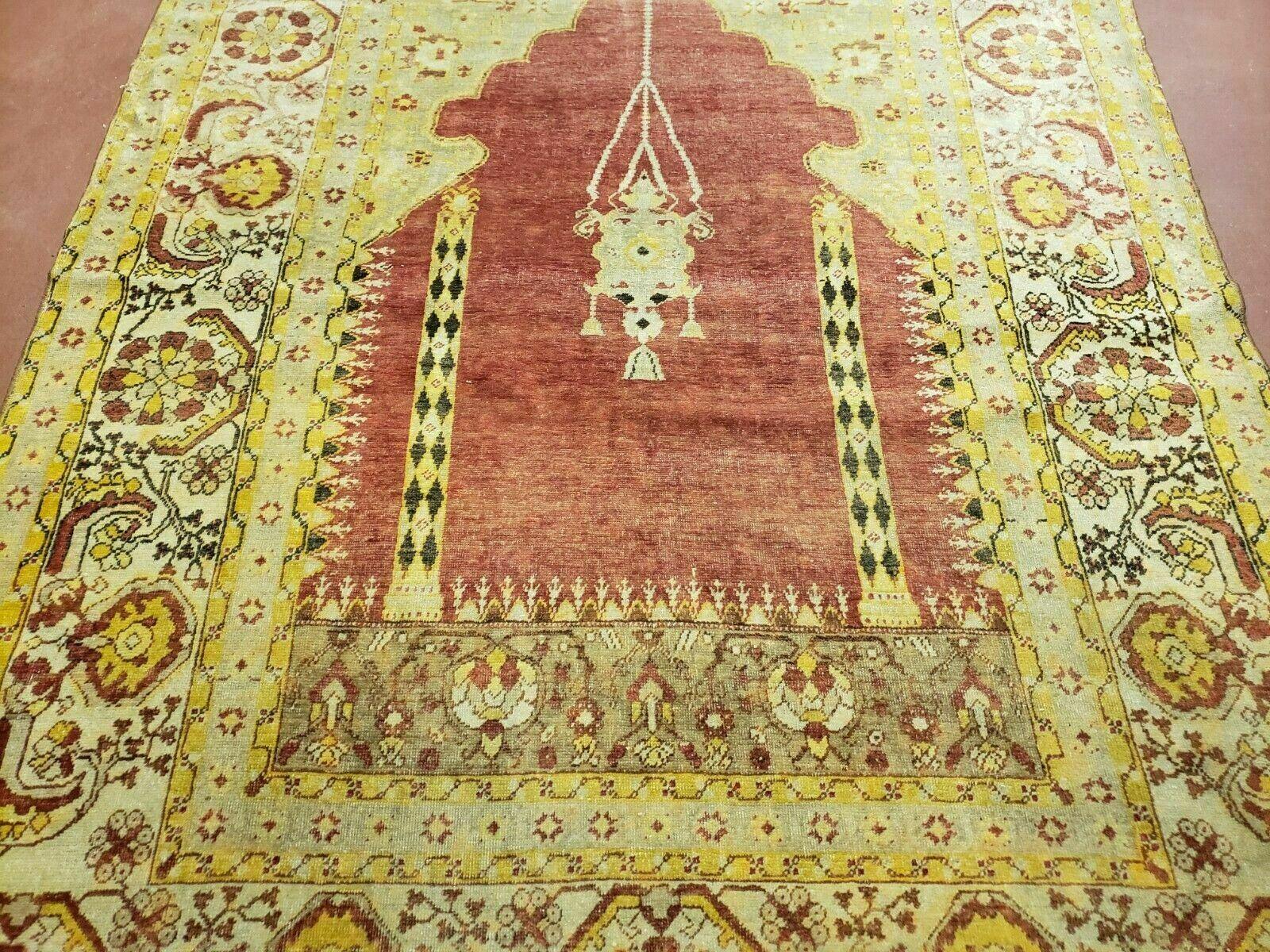 4' 5" X 7' Antique HandmadeTurkish Prayer Melas Oushak Wool Rug Mehrab Nice