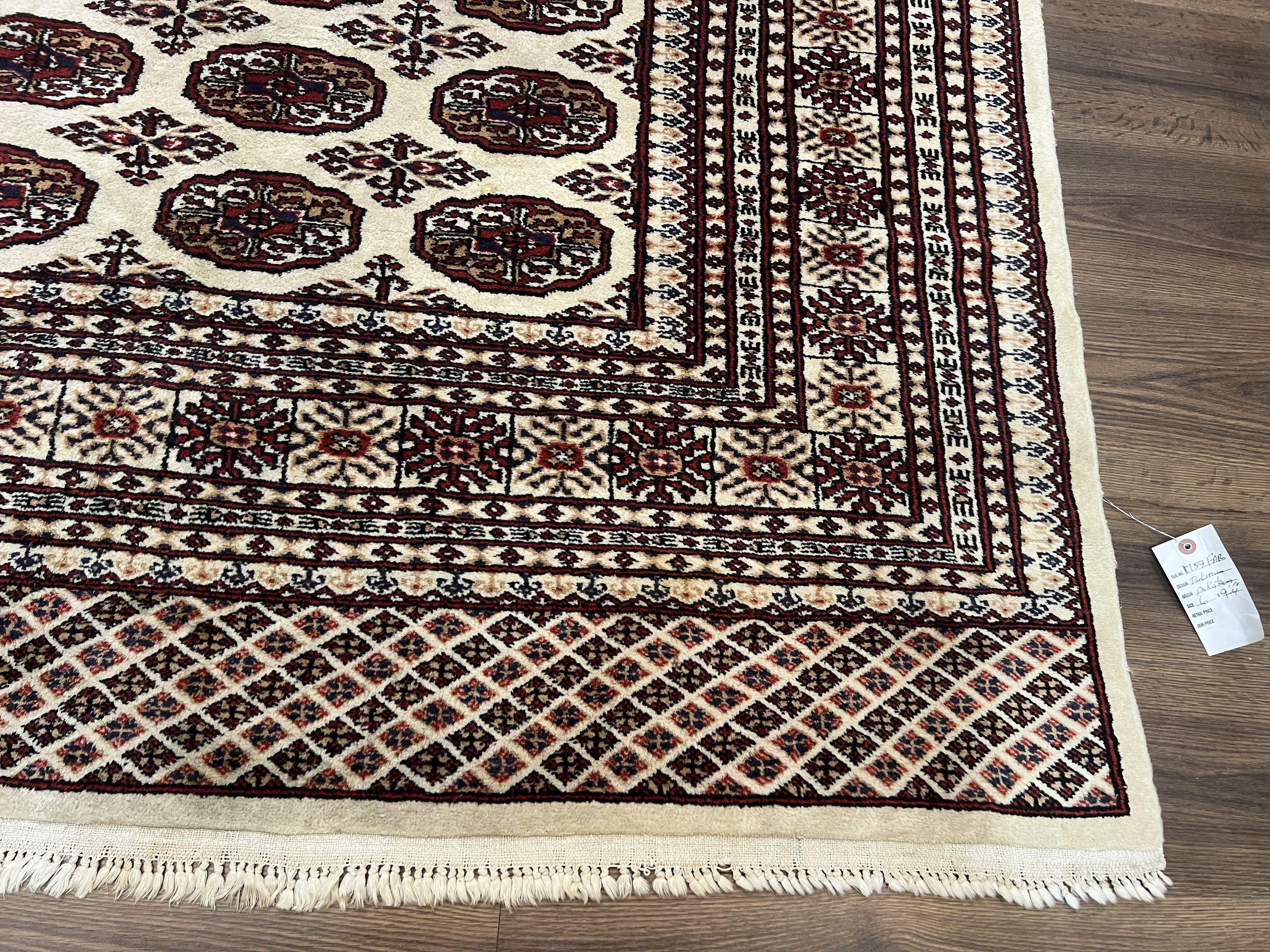 Pakistani Turkoman Rug 6x9, Cream and Red Hand Knotted Wool Oriental Carpet, Yamud Rug, Tribal Rug 6 x 9, Bohemian Area Rug, Bokhara Rug