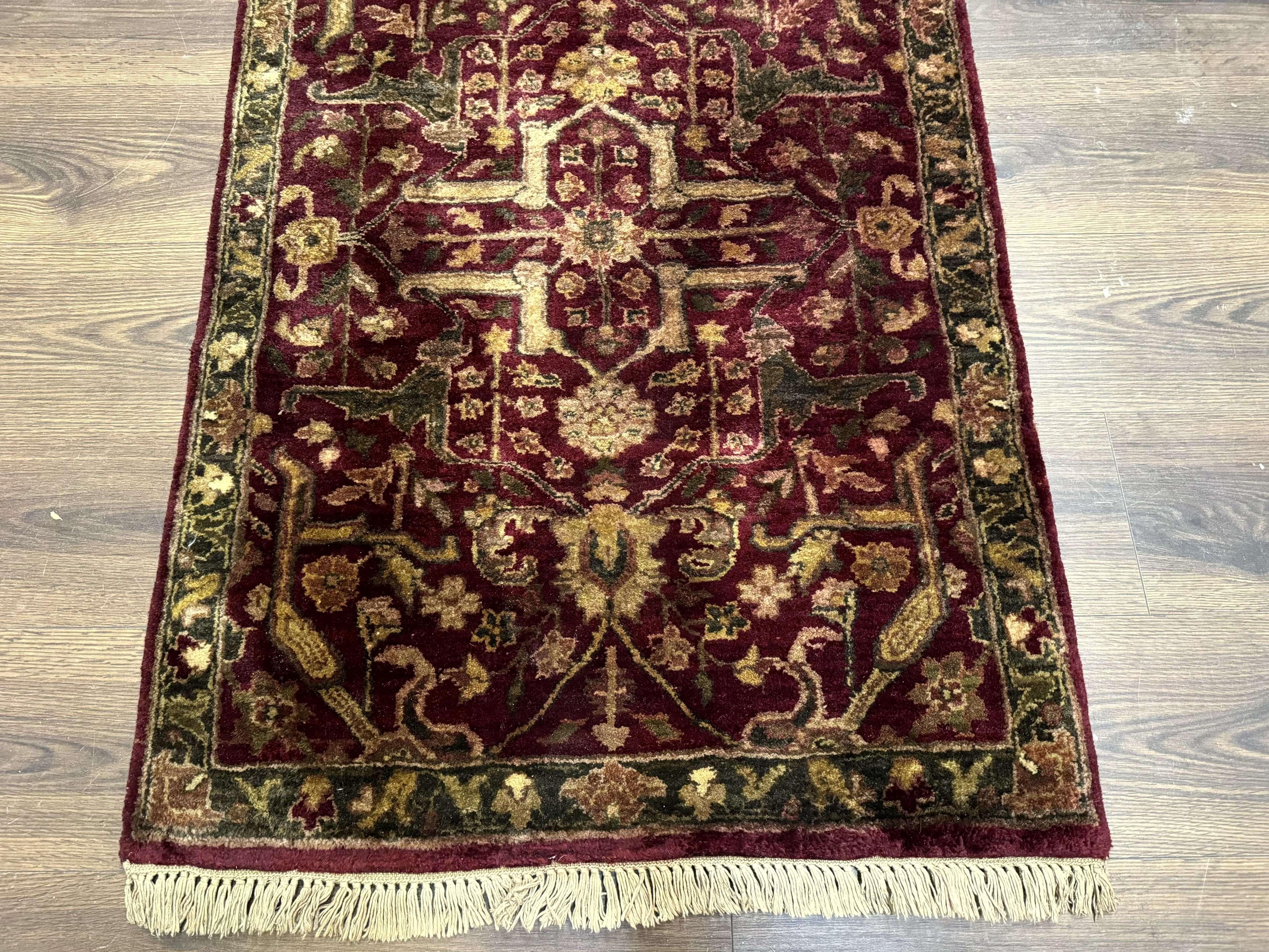 Indo Persian Runner Rug 2.7 x 13.8, Maroon, Wool, Handmade Indian Rug for Hallway