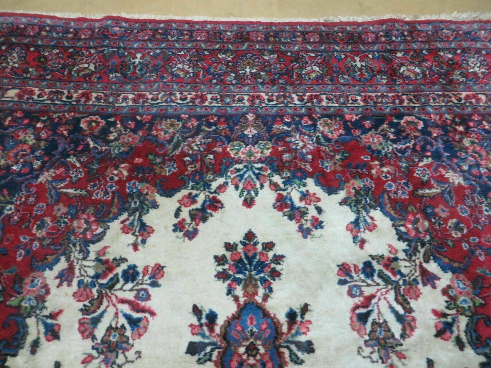 9x12 Persian Sarouk Rug - Semi Open Field Medallion Rug - Ivory Red Blue Hand Knotted Wool Oriental Carpet 9 x 12 Antique Rug - Vegetable Dyes