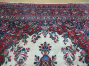 9x12 Persian Sarouk Rug - Semi Open Field Medallion Rug - Ivory Red Blue Hand Knotted Wool Oriental Carpet 9 x 12 Antique Rug - Vegetable Dyes