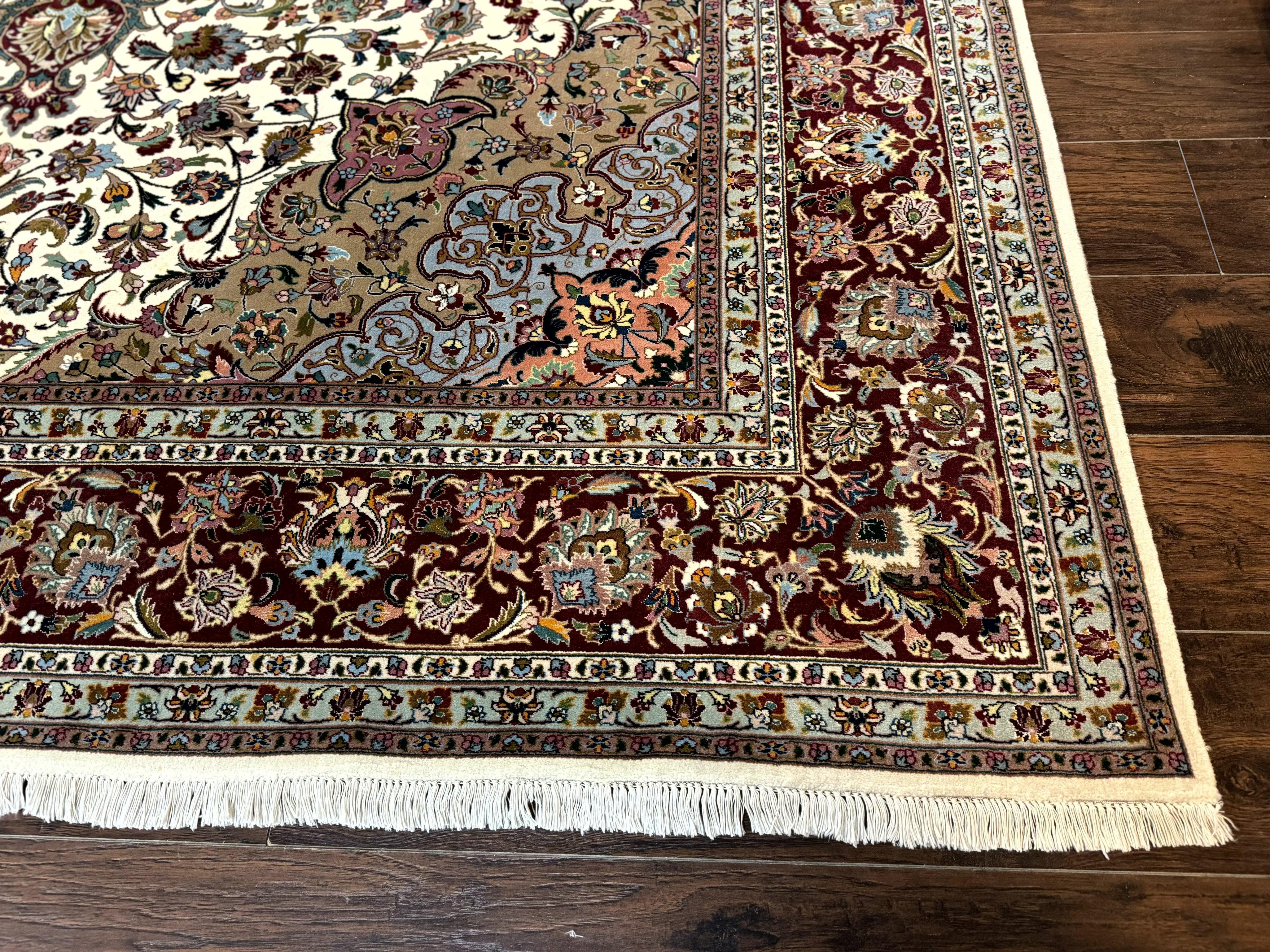 Persian Tabriz Rug 8x11, Floral Medallion Traditional Area Rug, Fine 300 KPSI, Ivory Maroon