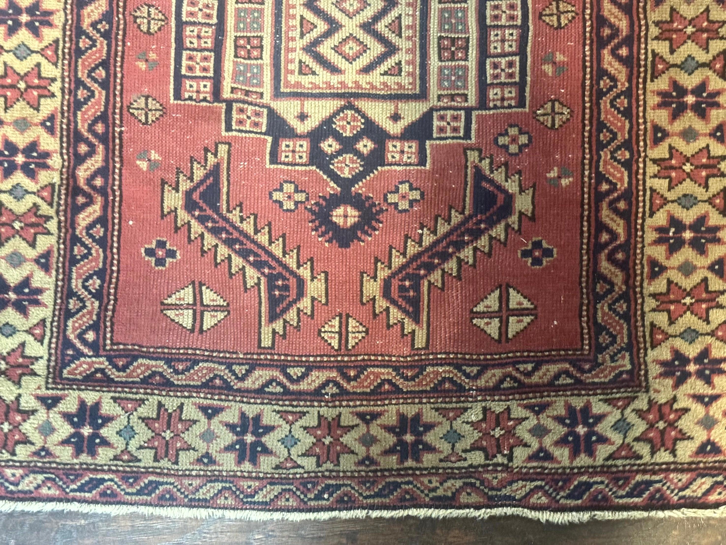 Antique Turkish Sparta Rug 3x6, Geometric Caucasian Kazak Pattern, Handmade