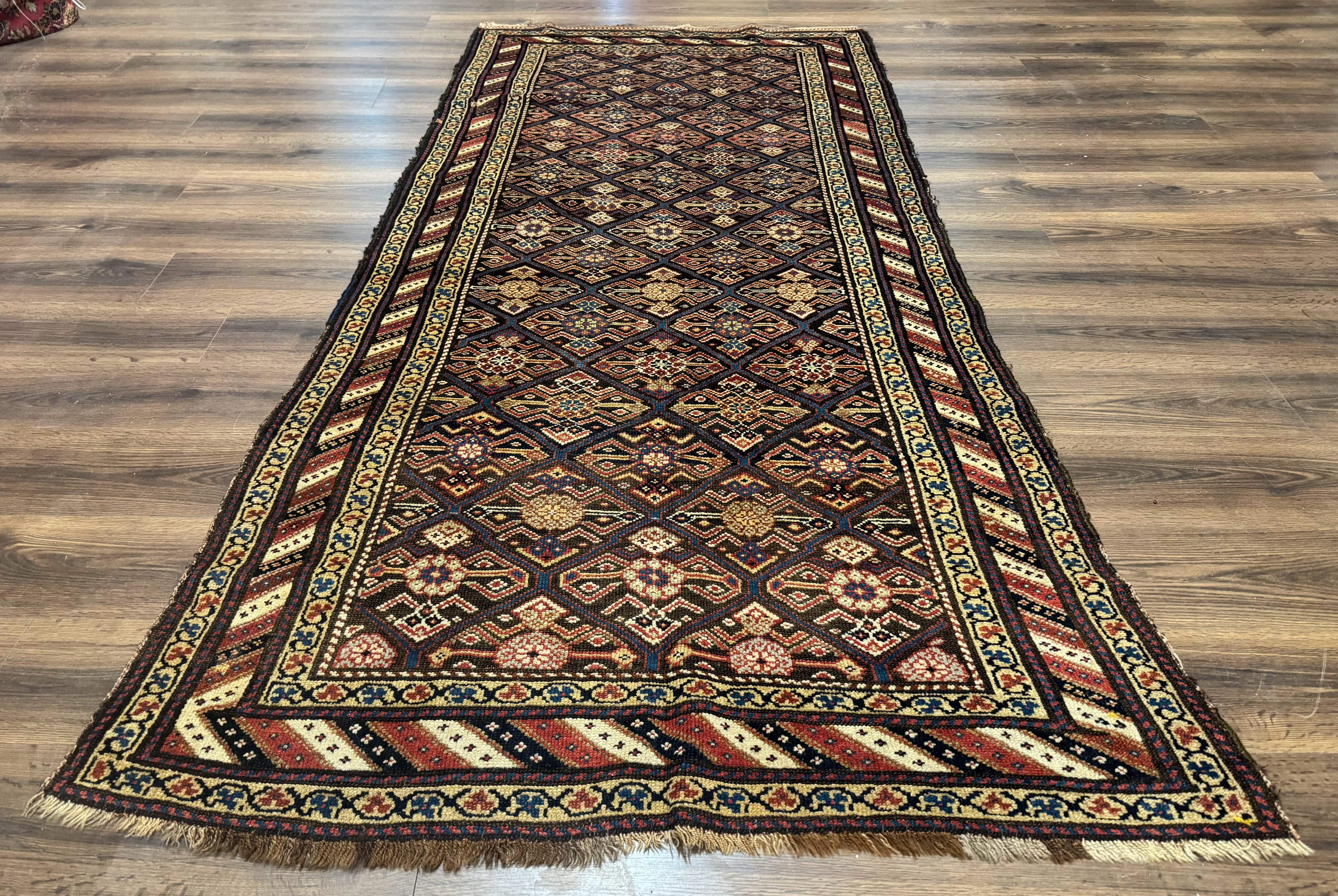 Antique Persian Wide Runner Rug 4x9, Kurdish Rug, Panel Design, Rainbow Border, Rare Tribal Rug
