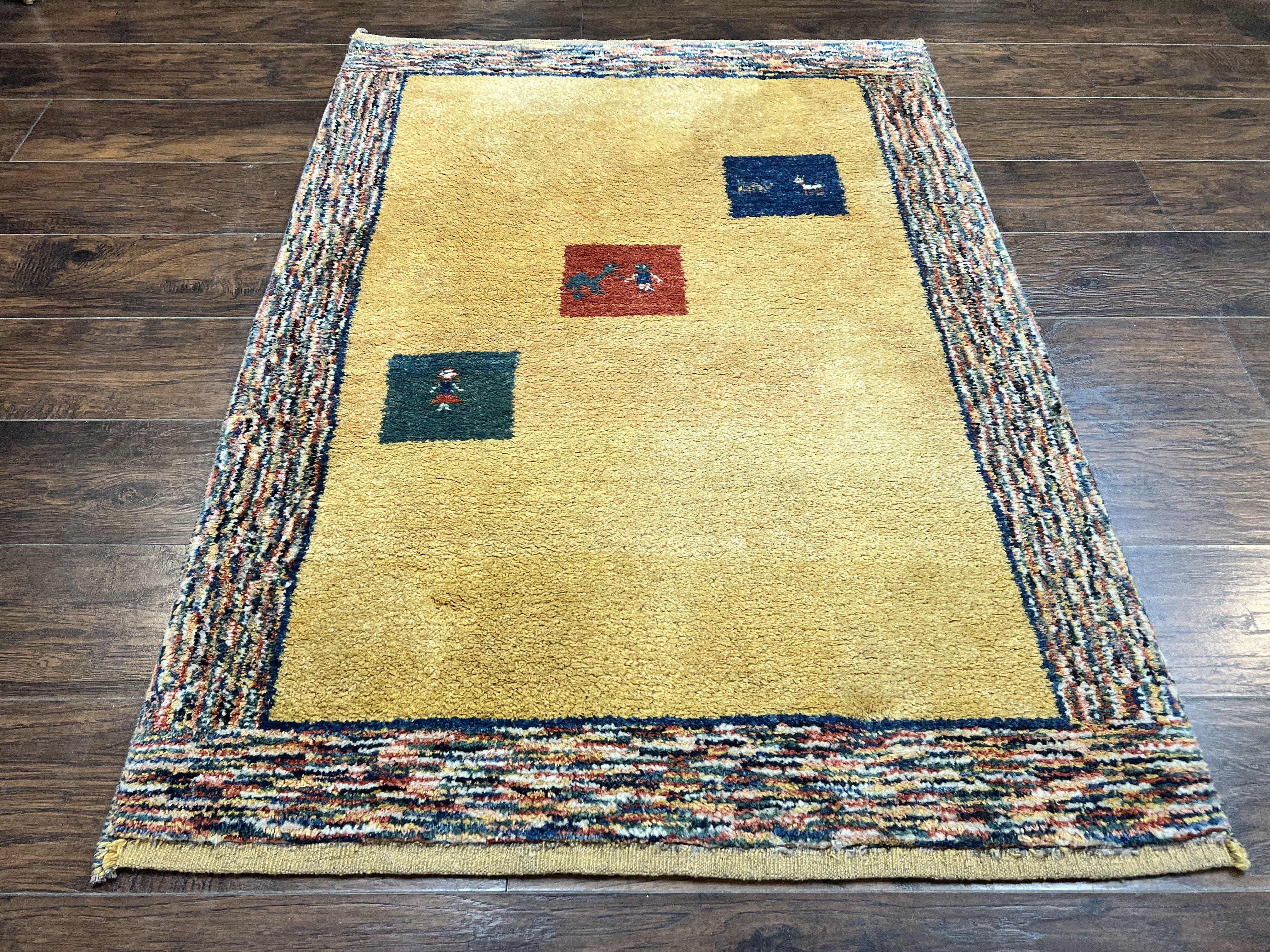 Indo Gabbeh Rug 3.7 x 5, Tribal Rug, Boho Rug, Wool Handmade Carpet