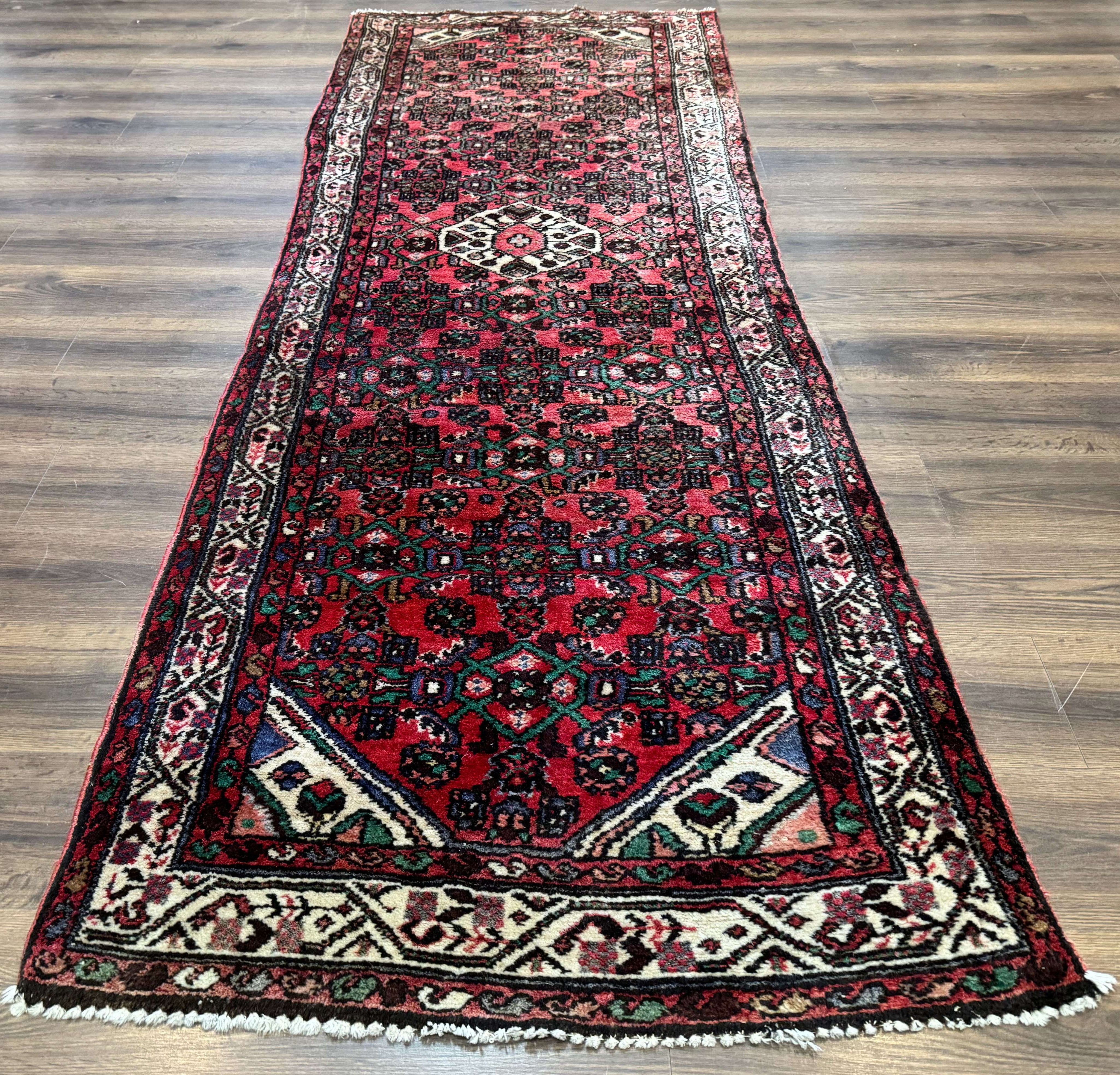 Persian Runner Rug 3x10, Wool Hand Knotted Hallway Rug 3 x 10 ft, Red and Ivory, Hamadan Angelas Runner