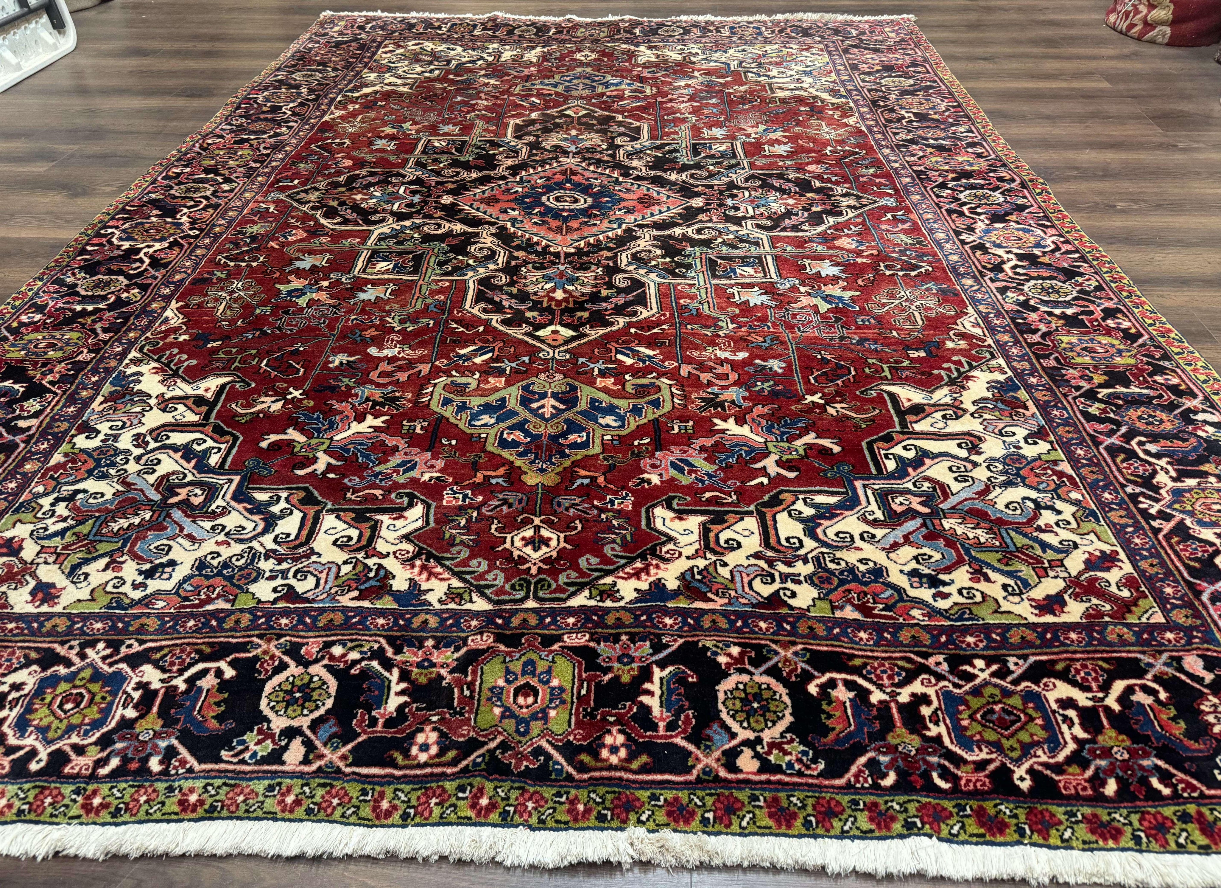 Antique Persian Heriz Rug 8x11, Geometric Tribal Wool Carpet, Brick Red