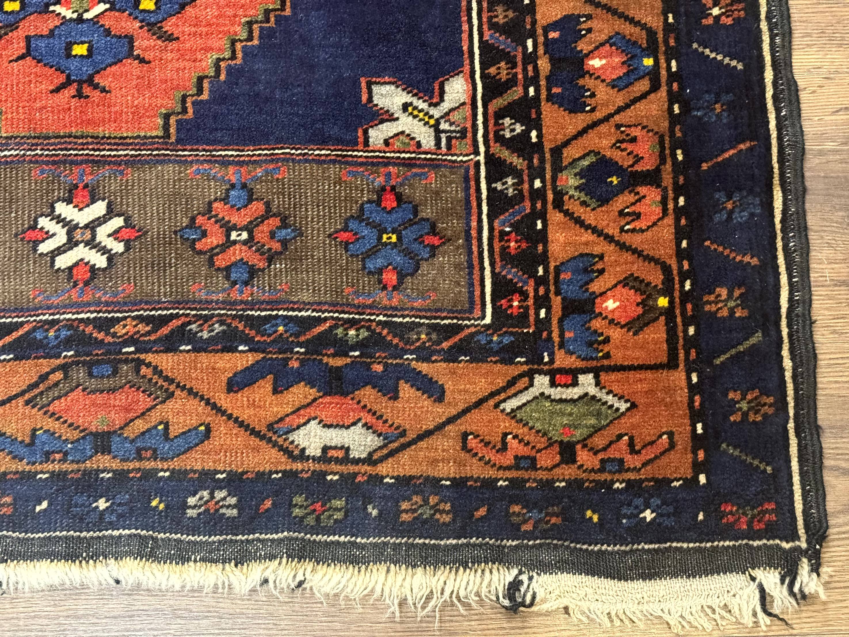 Persian Rug 3x6, Geometric Medallion, Village Tribal Rug, Terracotta and Navy Blue, Antique Nahavand Hamadan Rug