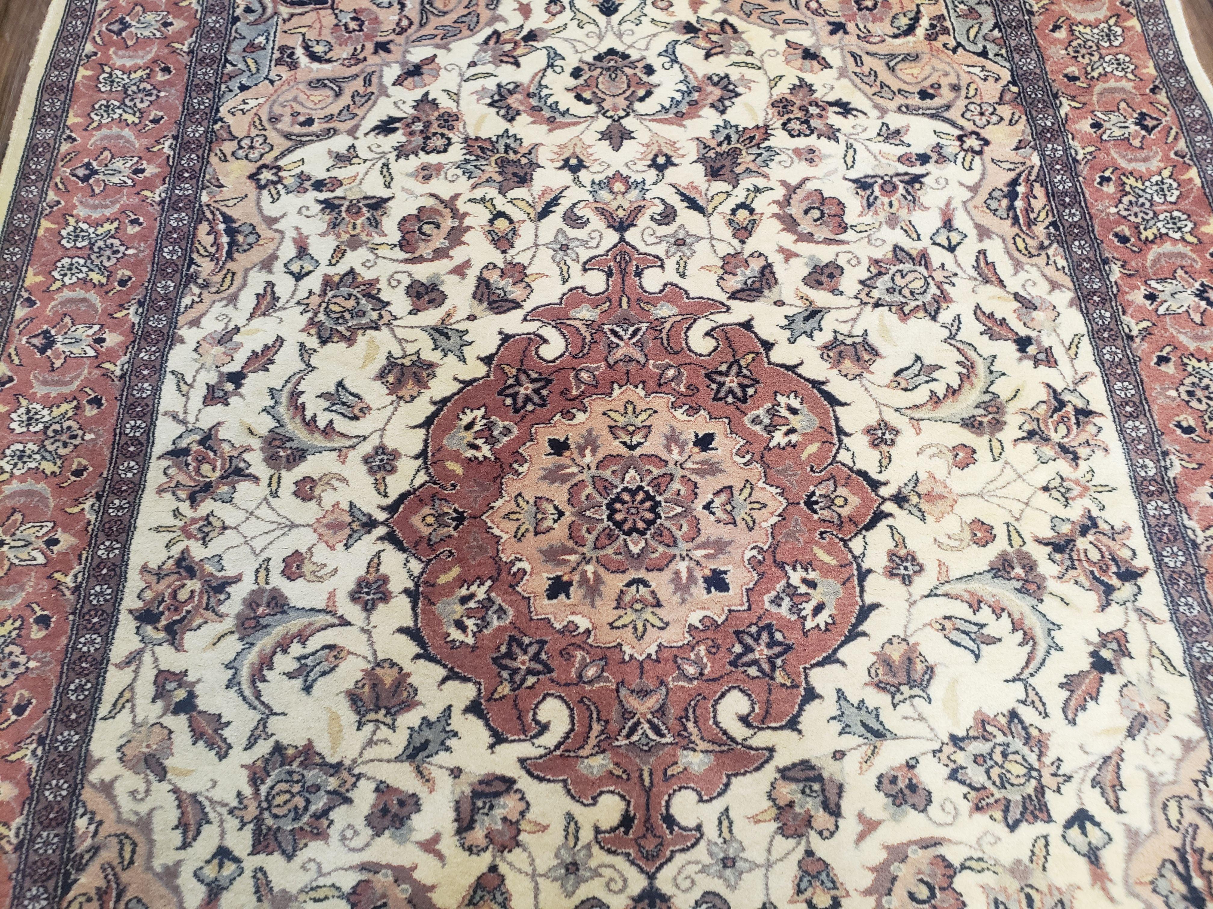 4x6 Handmade Top Quality Pakistani Floral Wool Rug Veg Dyes Carpet Beige Salmon