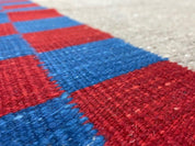Gray Turkish Kilim Carpet 5' 7" x 7' 7", Medium Kilim Rug, Hand-Knotted, Blue & Red Border, Minimalistic Design, Geometric, Wool, New