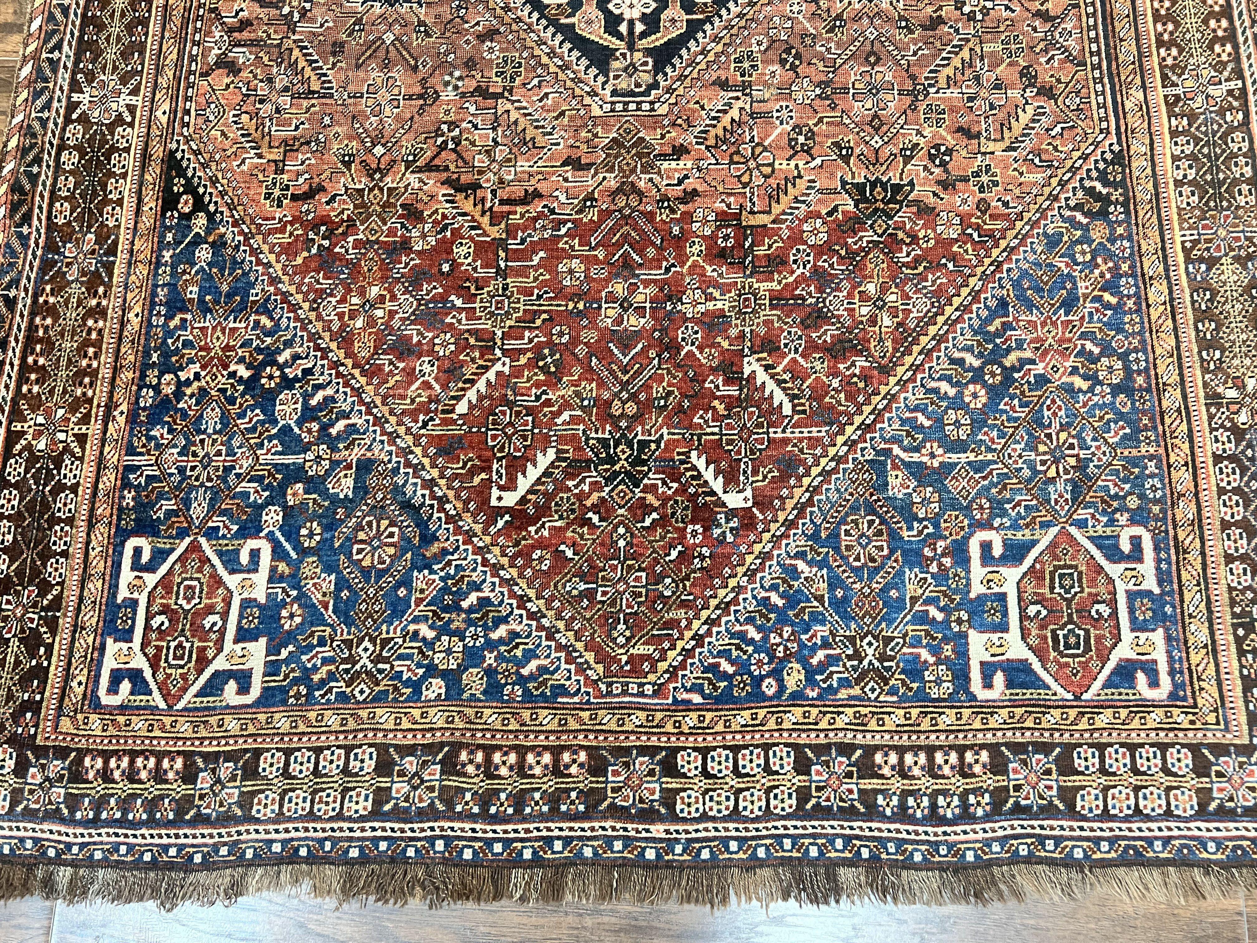 Antique Persian Shiraz Tribal Rug 6x8, Geometric Rug, Wool Handmade Hand Knotted Carpet, Red Blue
