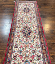 Wonderful Persian Qum Runner Rug 2.8 x 10 ft, Floral Medallions with Bird Motifs, Hand Knotted Wool Fine Oriental 10ft Hallway Runner, Cream Red