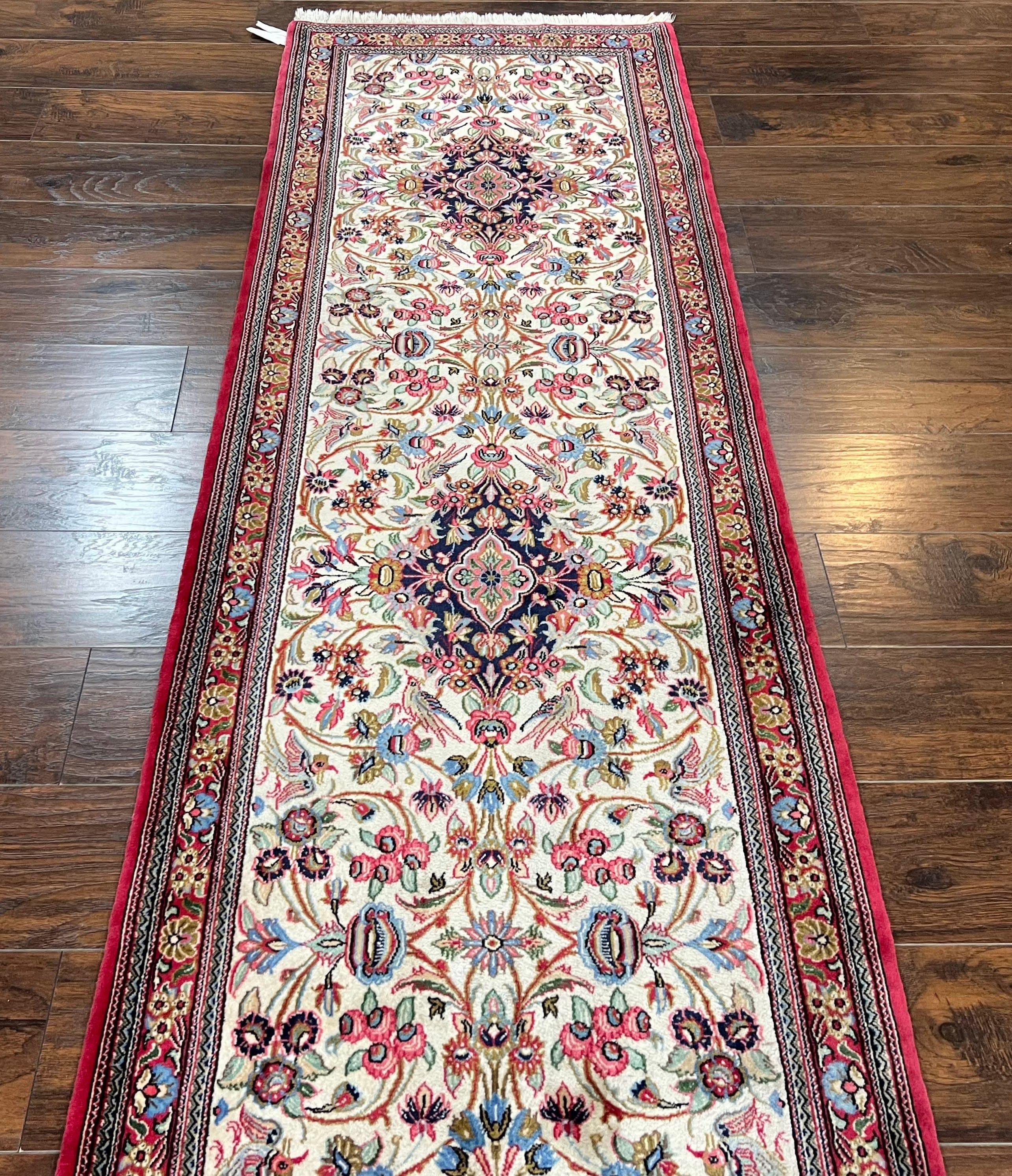 Wonderful Persian Qum Runner Rug 2.8 x 10 ft, Floral Medallions with Bird Motifs, Hand Knotted Wool Fine Oriental 10ft Hallway Runner, Cream Red
