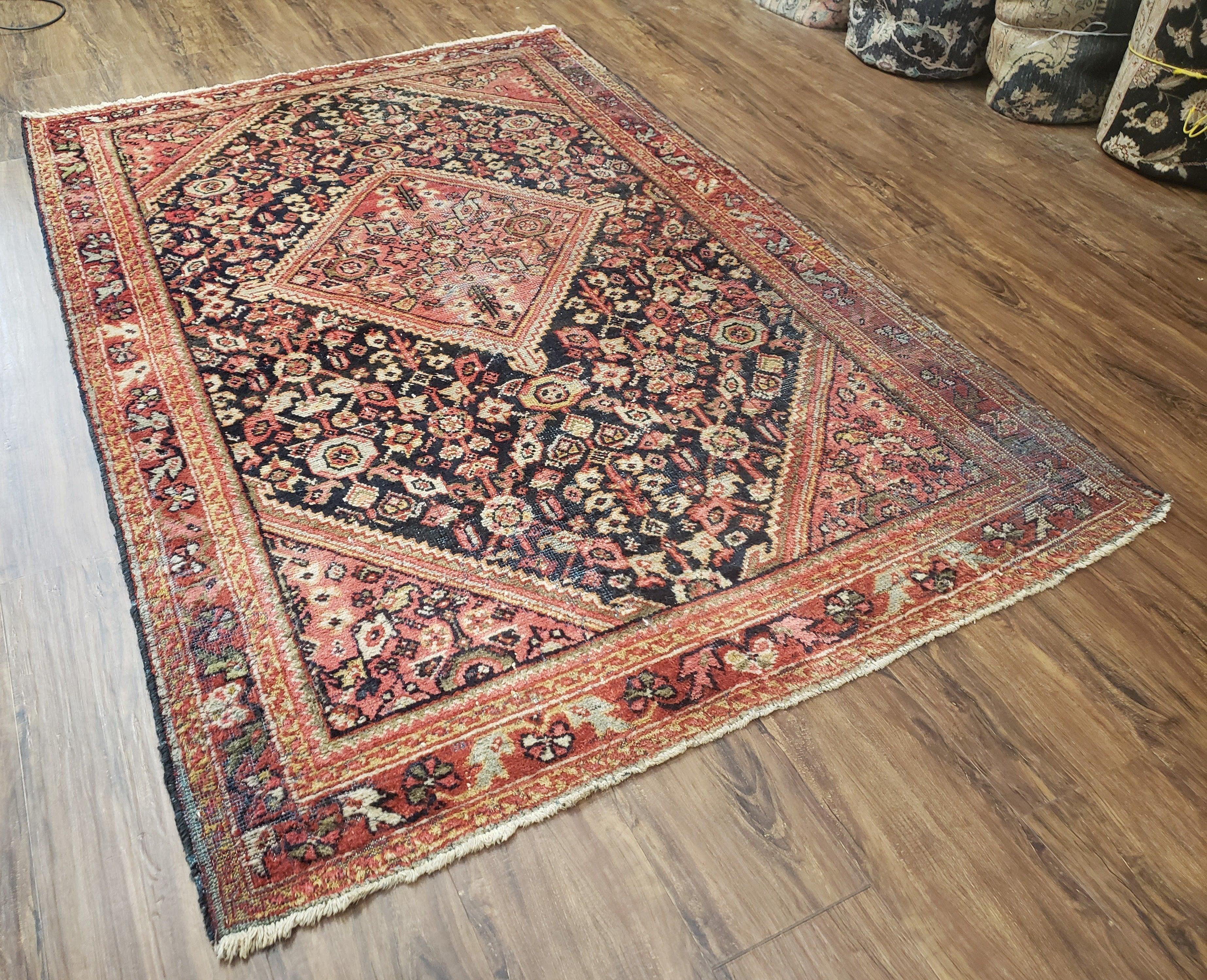 Antique Persian Mahal Area Rug 4.4 x 6.6, Wool Hand-Knotted Shabby Chic Oriental Rug, Red Black 1930s Foyer Room Carpet, Low Pile Boho Rug