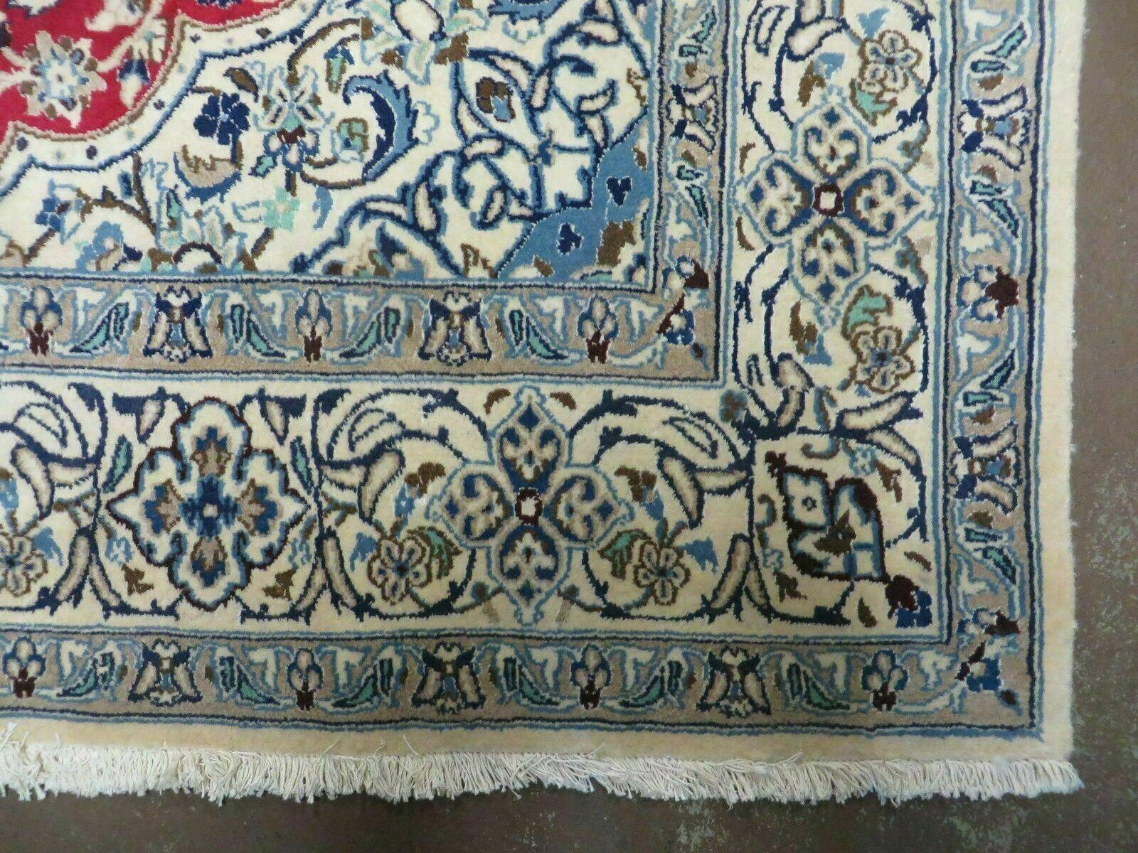 Square Persian Nain Rug 6'3" x 6' 8", Hand-Knotted, Wool with Silk Accents, Ivory Red Blue